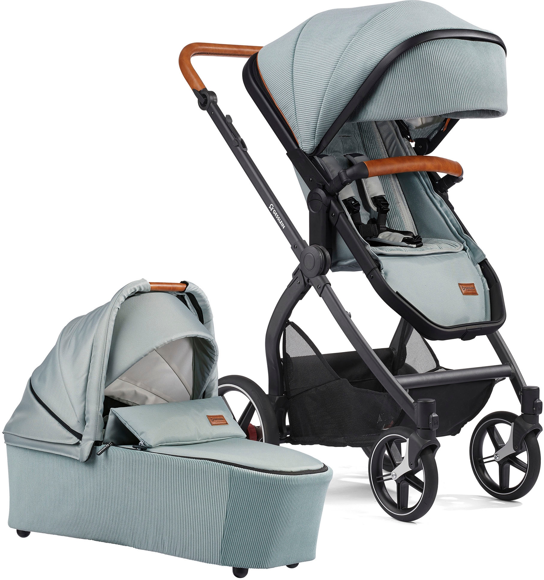 Gesslein Kombi-Kinderwagen »FX4 Soft+ mit Aufsatz Life, schwarz/cognac, eisblau«, mit Babywanne C3 und Babyschalenadapter