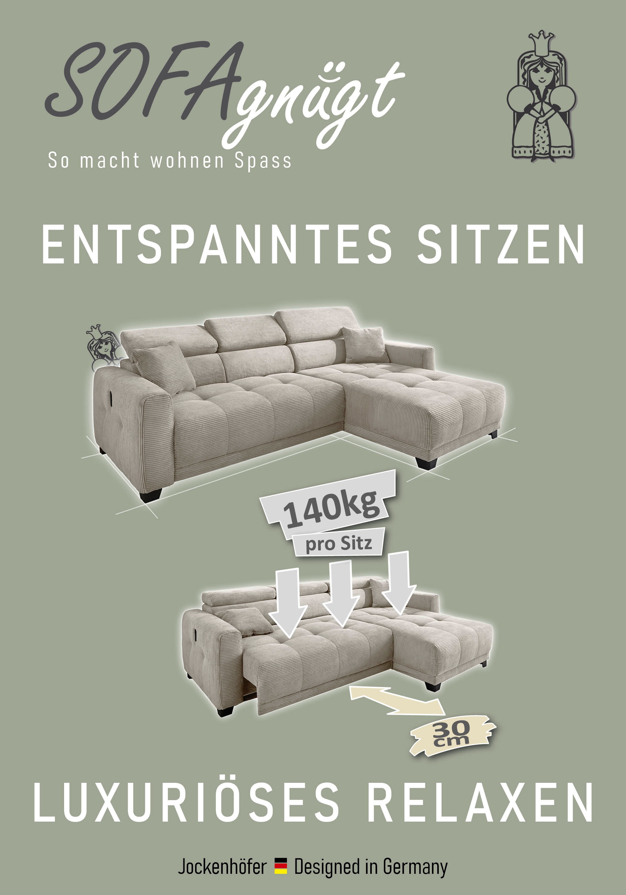 Jockenhöfer Gruppe Ecksofa »Cremona L-Form, B: 263 cm, mit 30 cm elektr. Sitztiefenverstellung« 140kg Belastbarkeit je Sitz, Kopfteilverstellung & USB-Anschluss