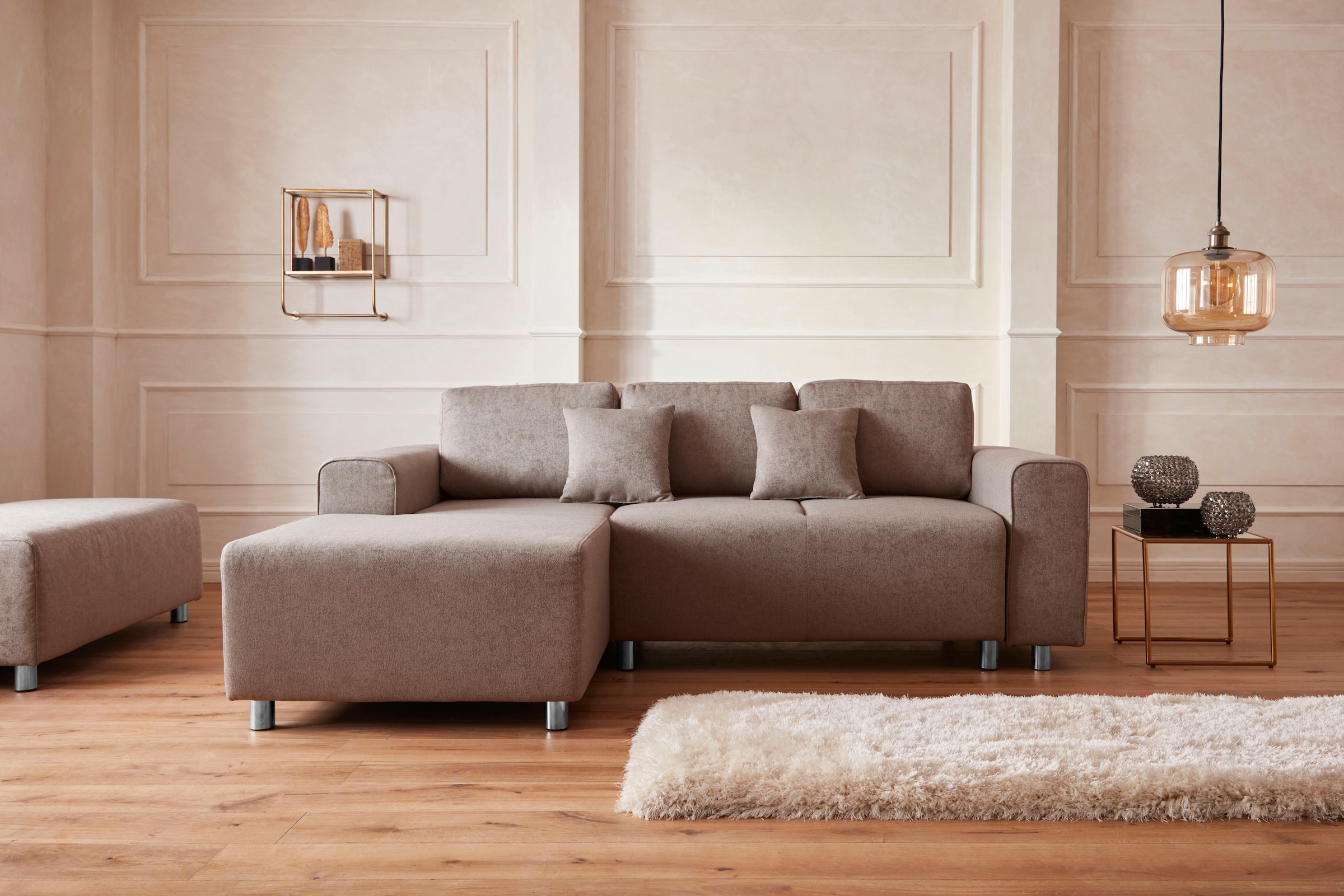Guido Maria Kretschmer Home&Living Ecksofa »Györ«, L-Form, wahlweise mit Bettfunktion und Bettkasten incl. 2 Zierkissen