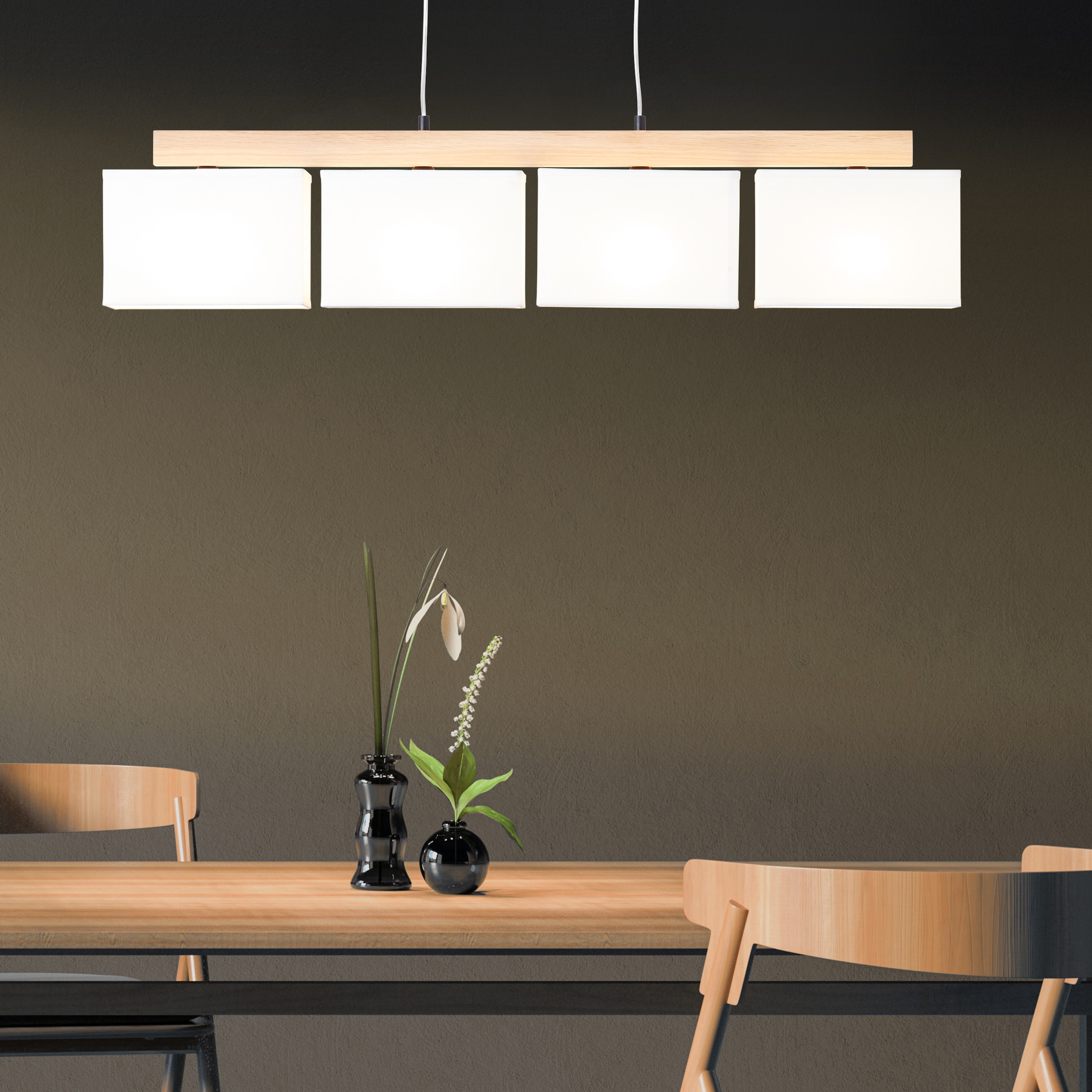 Brilliant Pendelleuchte »Rayan«, 4 flammig, Leuchtmittel E27 | ohne Leuchtmittel, Stoffschirme, H 113 cm, B 95 cm, 4 x E27, eiche geölt/weiß