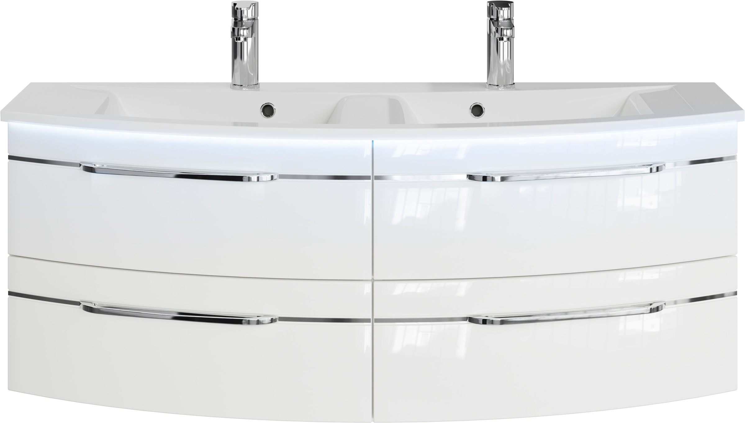 Saphir Badmöbel-Set »Badezimmer-Set 133,2 cm breit, inkl. Türdämpfer, 3 Türen, 4 Schubladen«, (Set, 2 St.), Serie 7045 2-teilig Mineralmarmor-Doppelwaschtisch, LED-Spiegelschrank