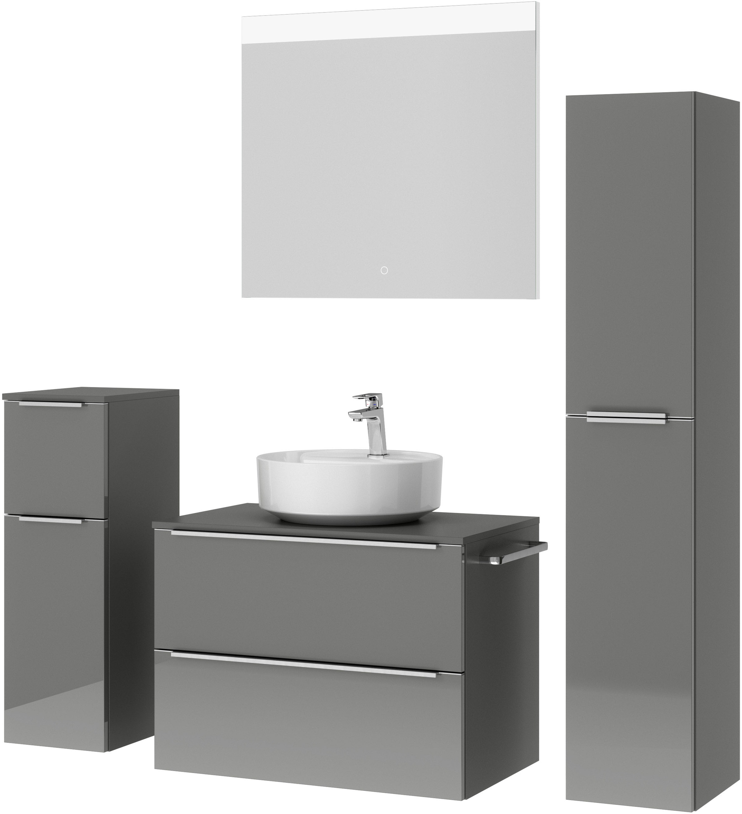 nobilia® Badmöbel-Set »Alvene«, (4 St., vormontiert, mit Soft-Close), Hochglanz, inkl. Spiegel mit Touch-Sensor, in vier Breiten