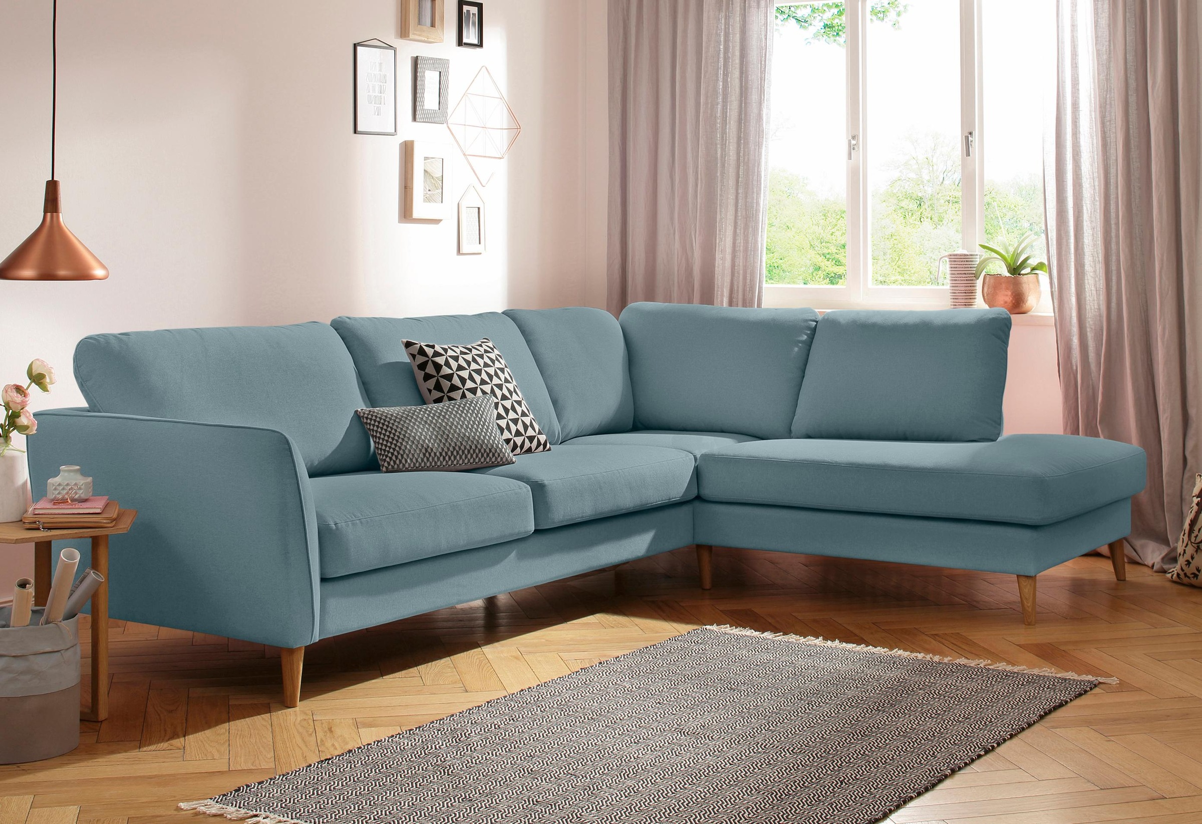 Home affaire Ecksofa »MARSEILLE 278/202 cm, L-Form, Ottom. rechts/links, verschiedene Bezüge«, Massivholzbeine Eiche, Landhausstil, Wellenunterfederung