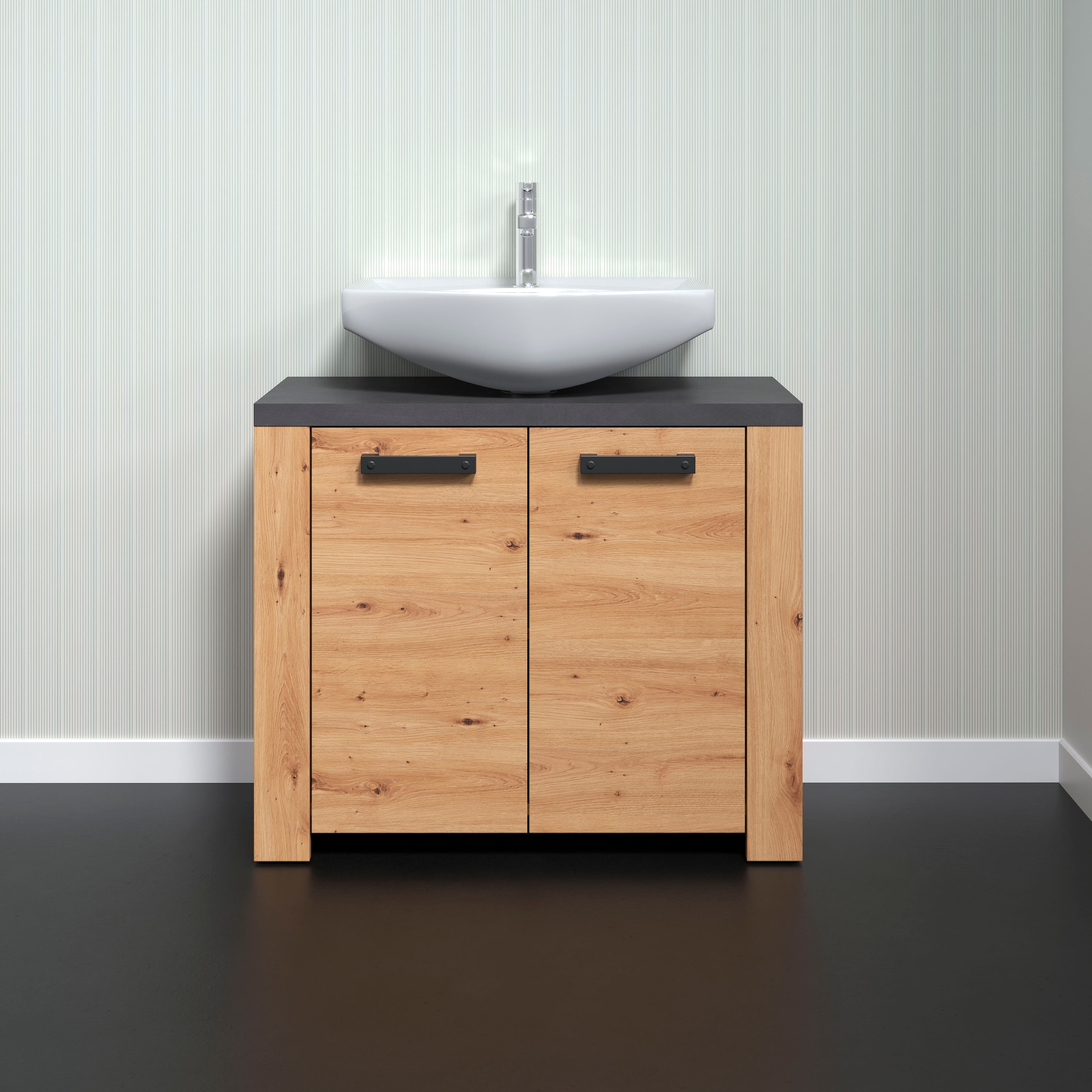 Home affaire Waschbeckenunterschrank »Ambres«, Waschtisch in matter Echtholzoptik - Maße (B/T/H) 79/35/67 cm