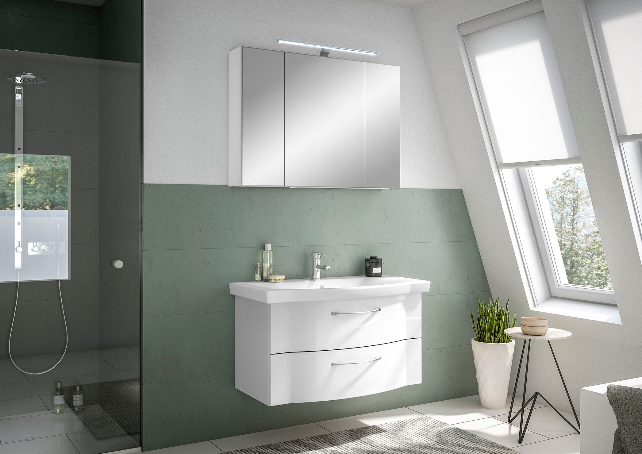Saphir Badmöbel-Set »6005 Sprint 2-teilig, Keramik-Waschtisch mit LED-Spiegelschrank«, (2 St.), Waschplatz 98 cm breit, inkl. Türdämpfer, 3 Türen, 2 Schubladen