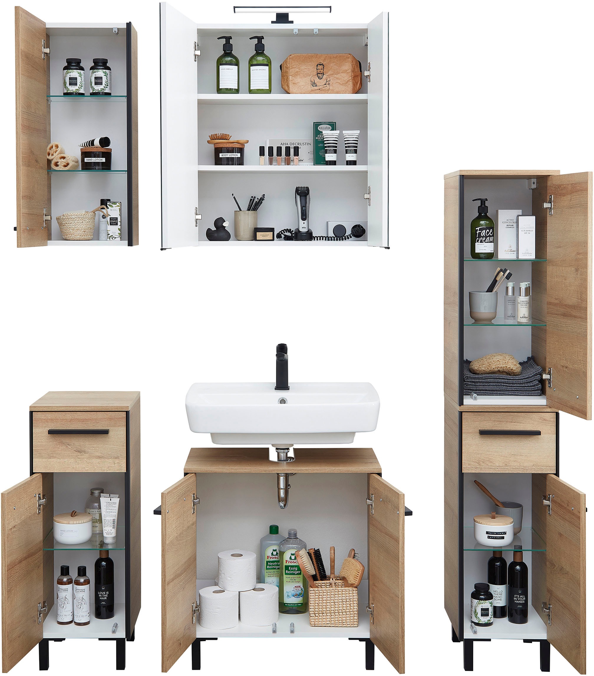 Saphir Badmöbel-Set »Quickset 395 5-teilig, Waschbeckenunterschrank mit LED-Spiegelschrank«, (5 St.), Unterschrank, Hängeschrank, Midischrank, inkl. Türdämpfer, 7 Türen