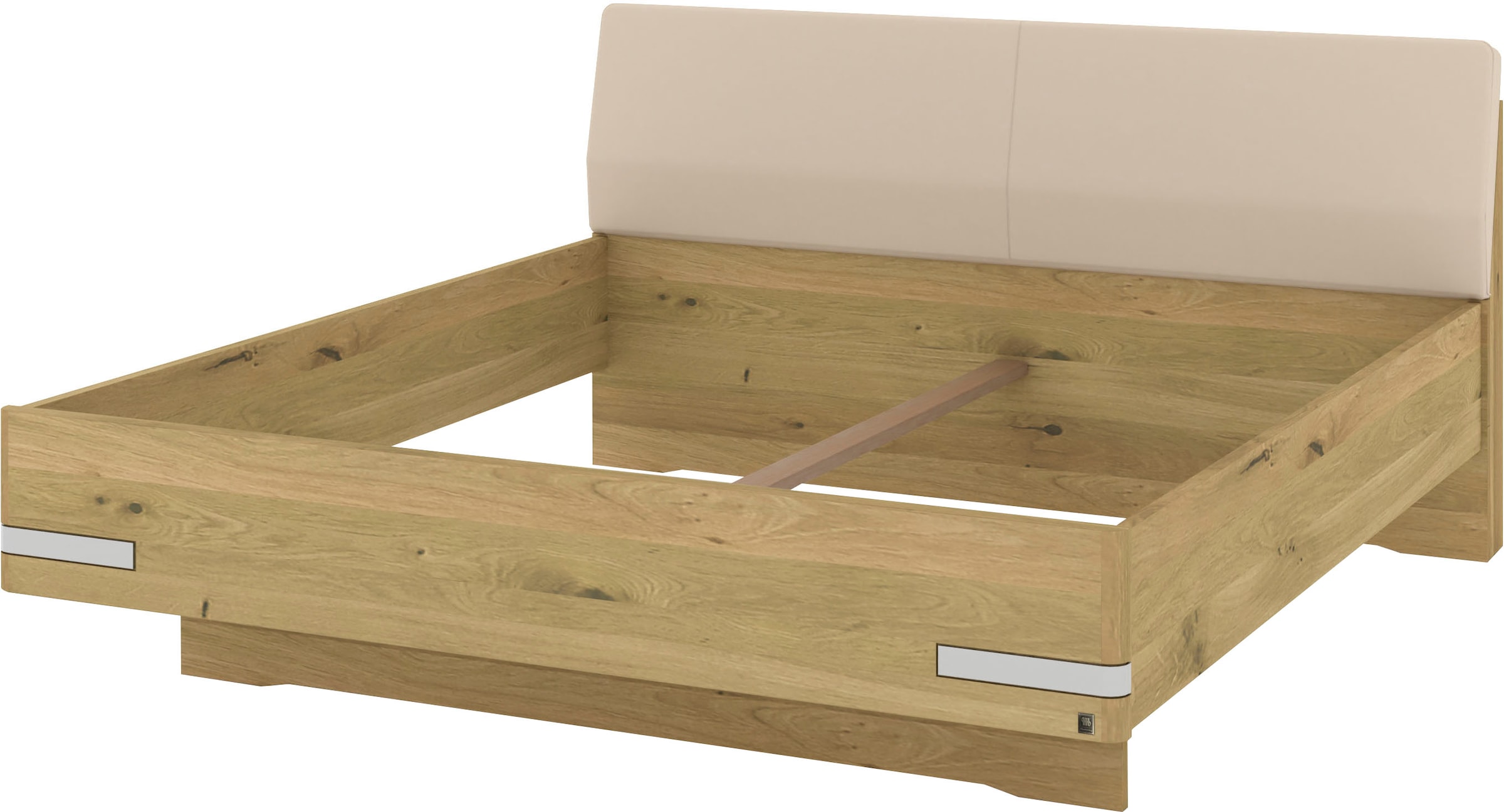 Musterring Holzbett »Savona, Bettgestell, Bettrahmen, teilmassiv Bianco-Eiche«, (Belastbarkeit 220 Kg, 4-fache Liegehöhenverstellung, MADE IN GERMANY), Kopfteil Kunstleder Champagner, Details in Chrom, verschiedene Größen