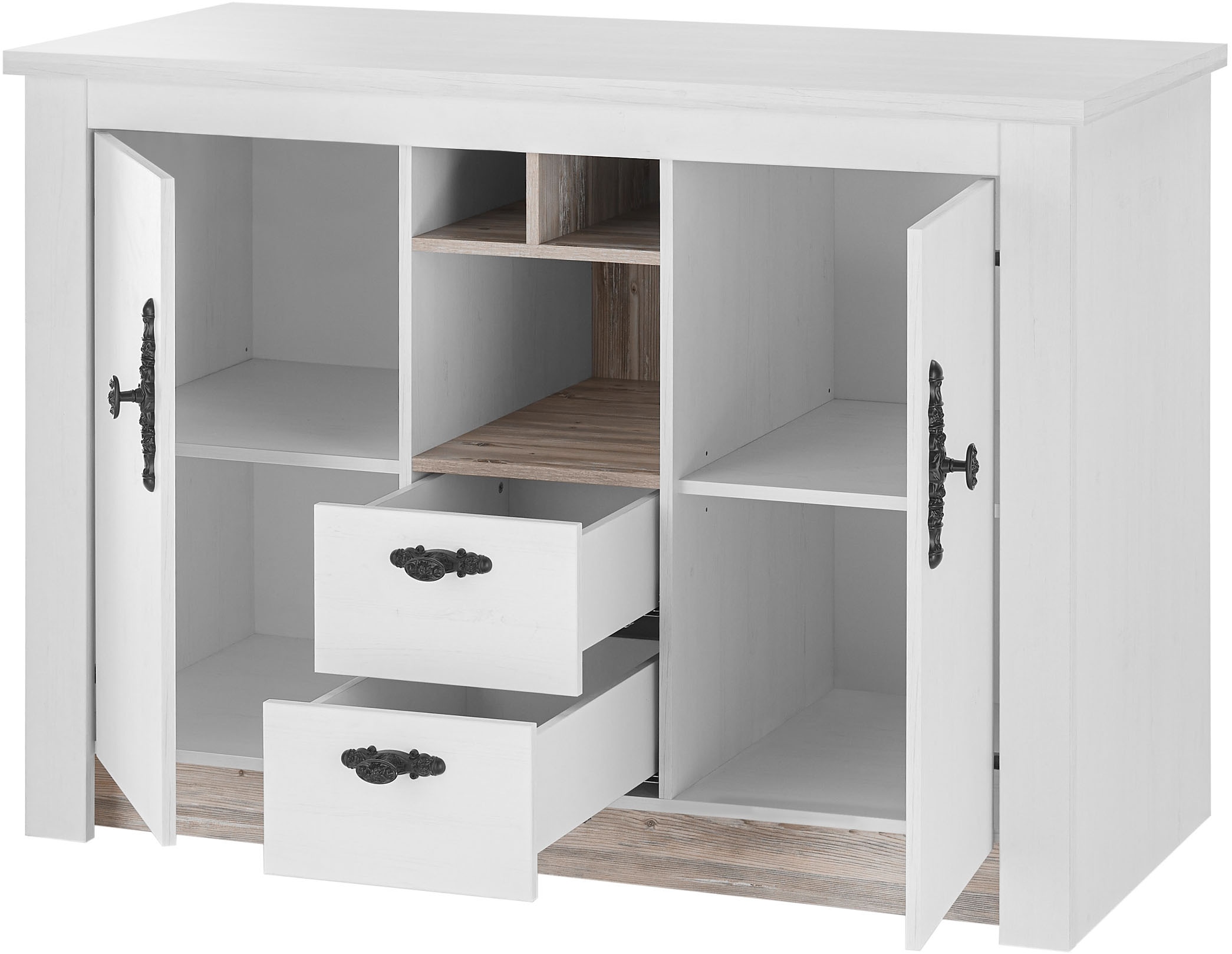 Home affaire Spülenschrank »Florenz, Küchenunterschrank in Pinie Weiß, Unterschrank«, mit verschnörkeltem Metallgriff, im Landhausstil, Arbeitshöhe 92 cm