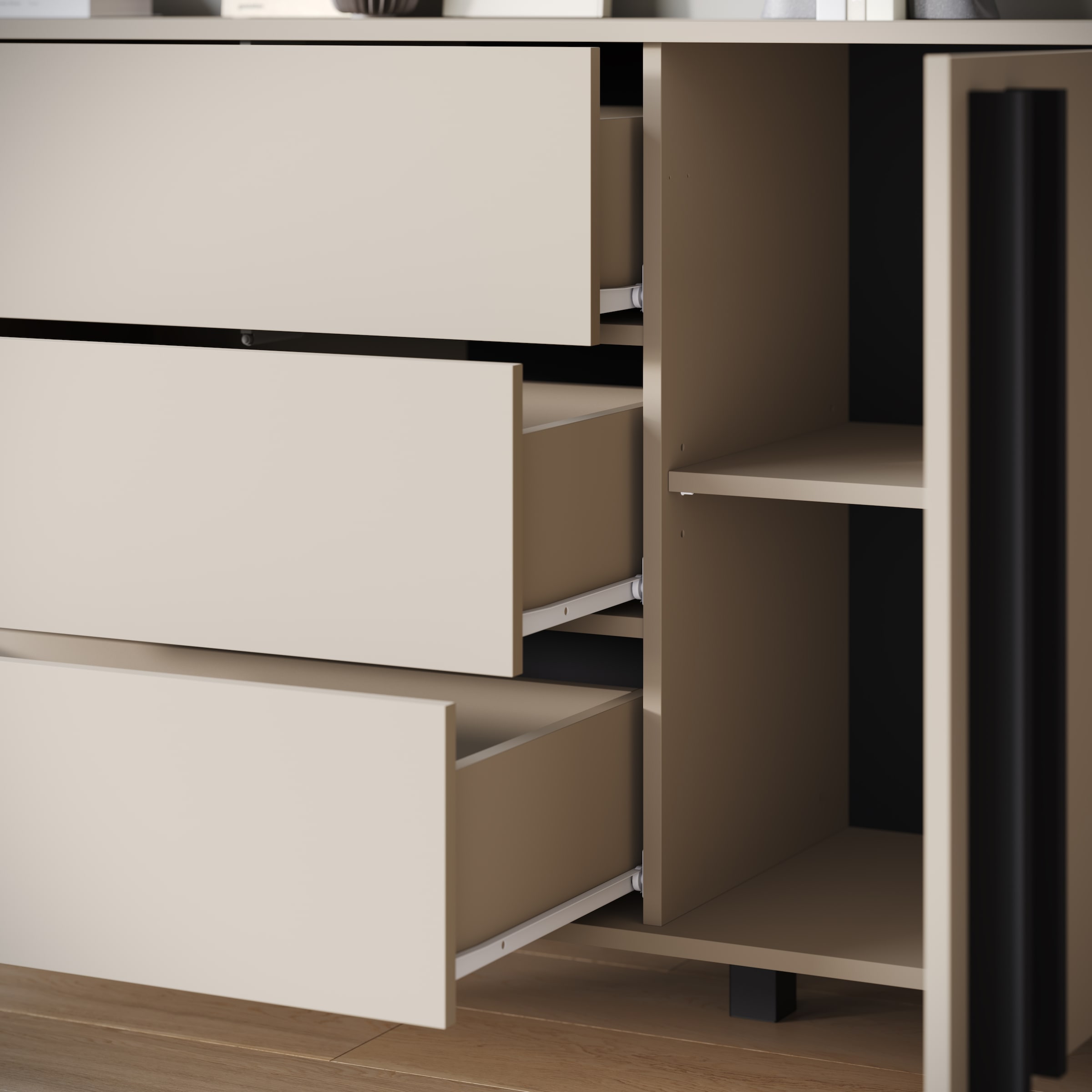 INOSIGN Sideboard »Helsinki, Kommode mit 2 Türen und 3 Schubladen, Breite 150 cm«, (1 St.), Push-to-Open-Schubladen, höhenverstellbare Einlegeböden