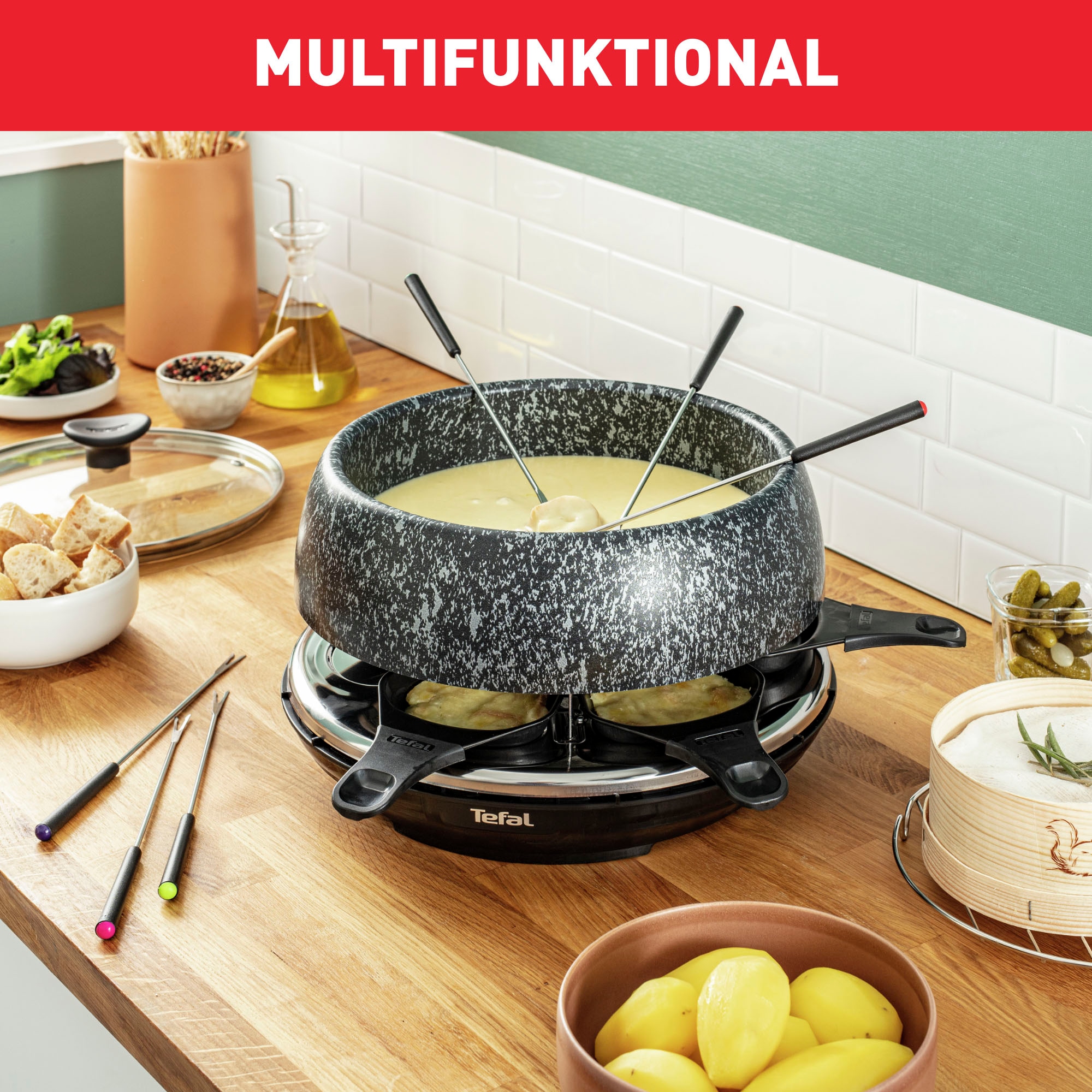Tefal Raclette und Fondue-Set »Cheese 'n Co, 6 Raclettepfännchen, 850 W, für 6 Personen,« 6 Stk. Raclettepfännchen 850 W spülmaschinengeeignet, mit Rezeptbuch, Stein-Optik, RE12C8
