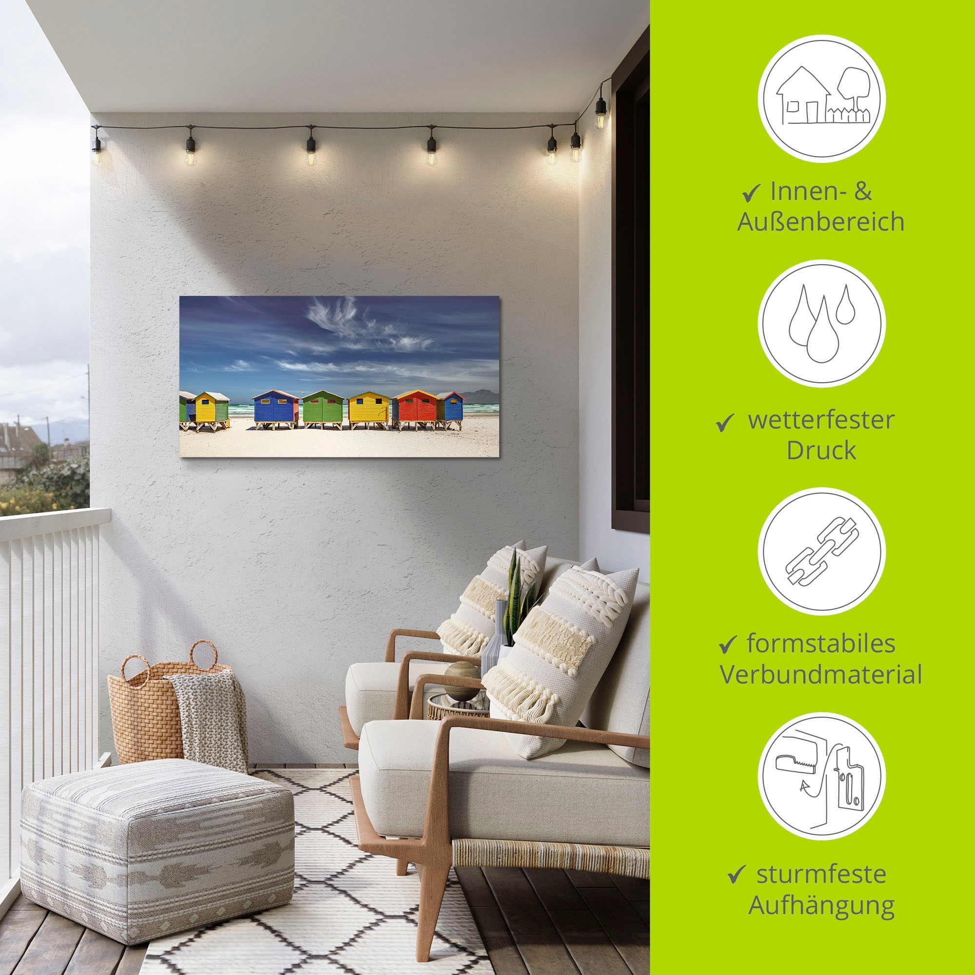 Artland Wandbild »Bunte Strandhäuser bei Kapstadt«, Strandbilder, (1 St.), als Alubild, Outdoorbild, Leinwandbild, Poster, Wandaufkleber