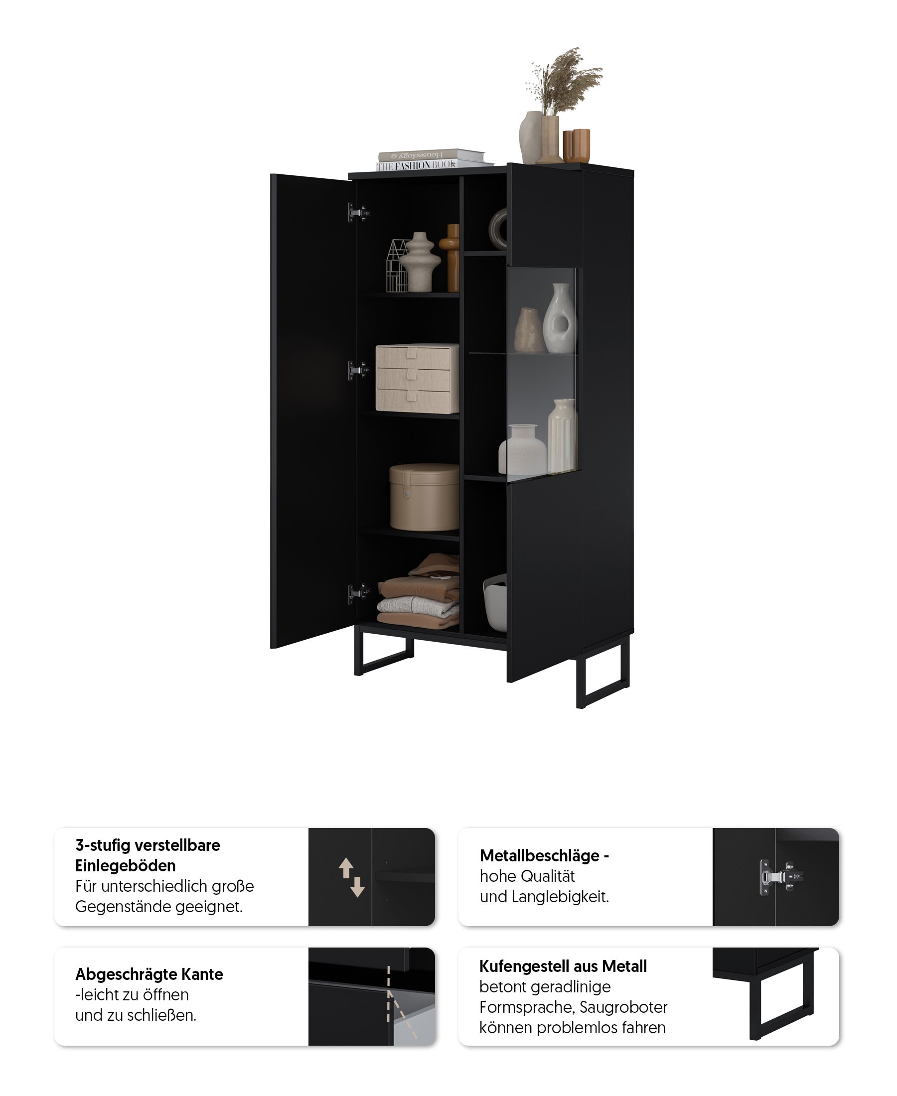 OTTO home Vitrine »Modo II, Breite 80 cm, moderner griffloser Vitrineschrank« Vitrine viel Stauraum, Einlegeböden verstellbar, Glastür, Metallkufen