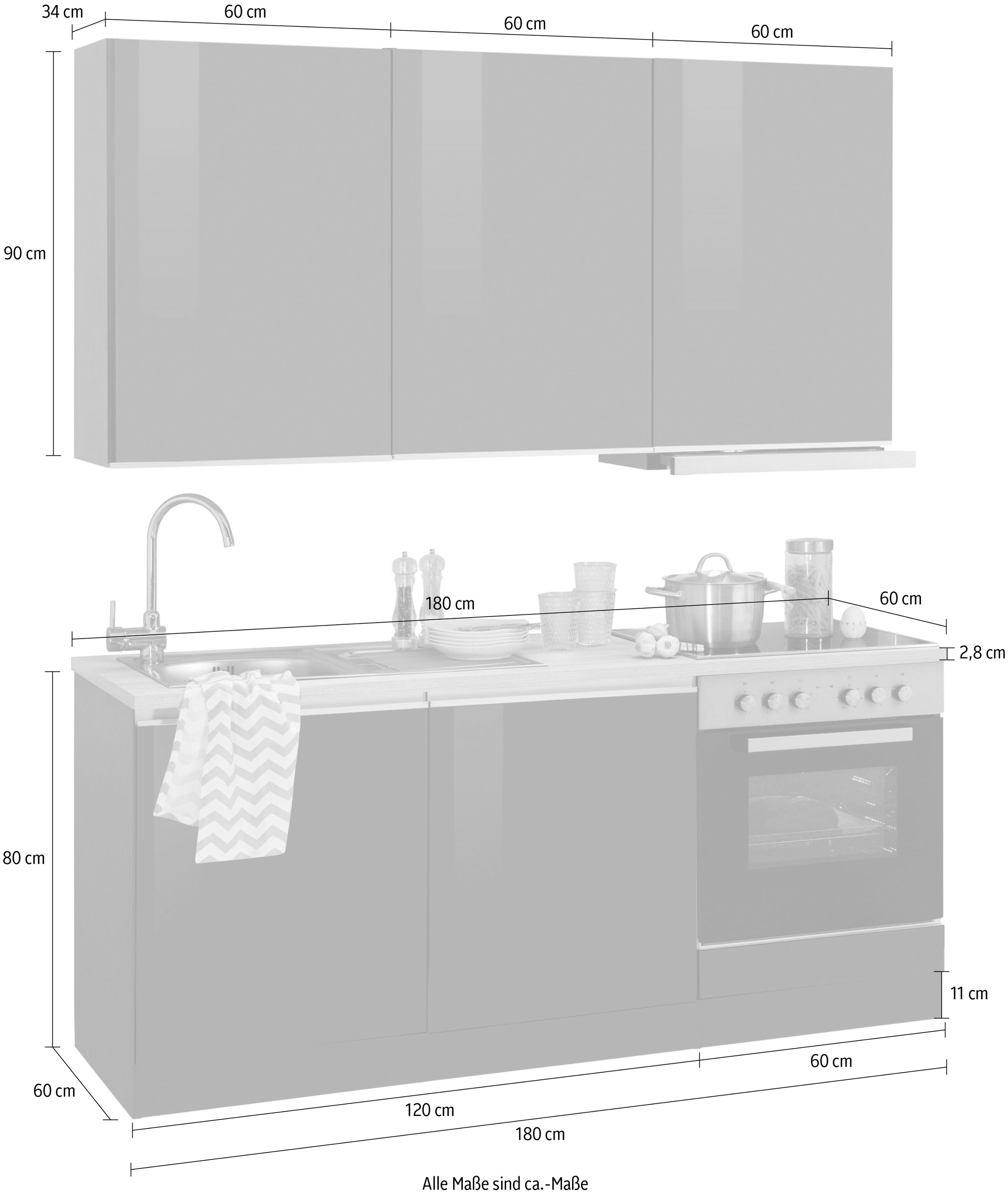 KOCHSTATION Küchenzeile »KS-Ohio«, mit E-Geräten, Breite 180 cm