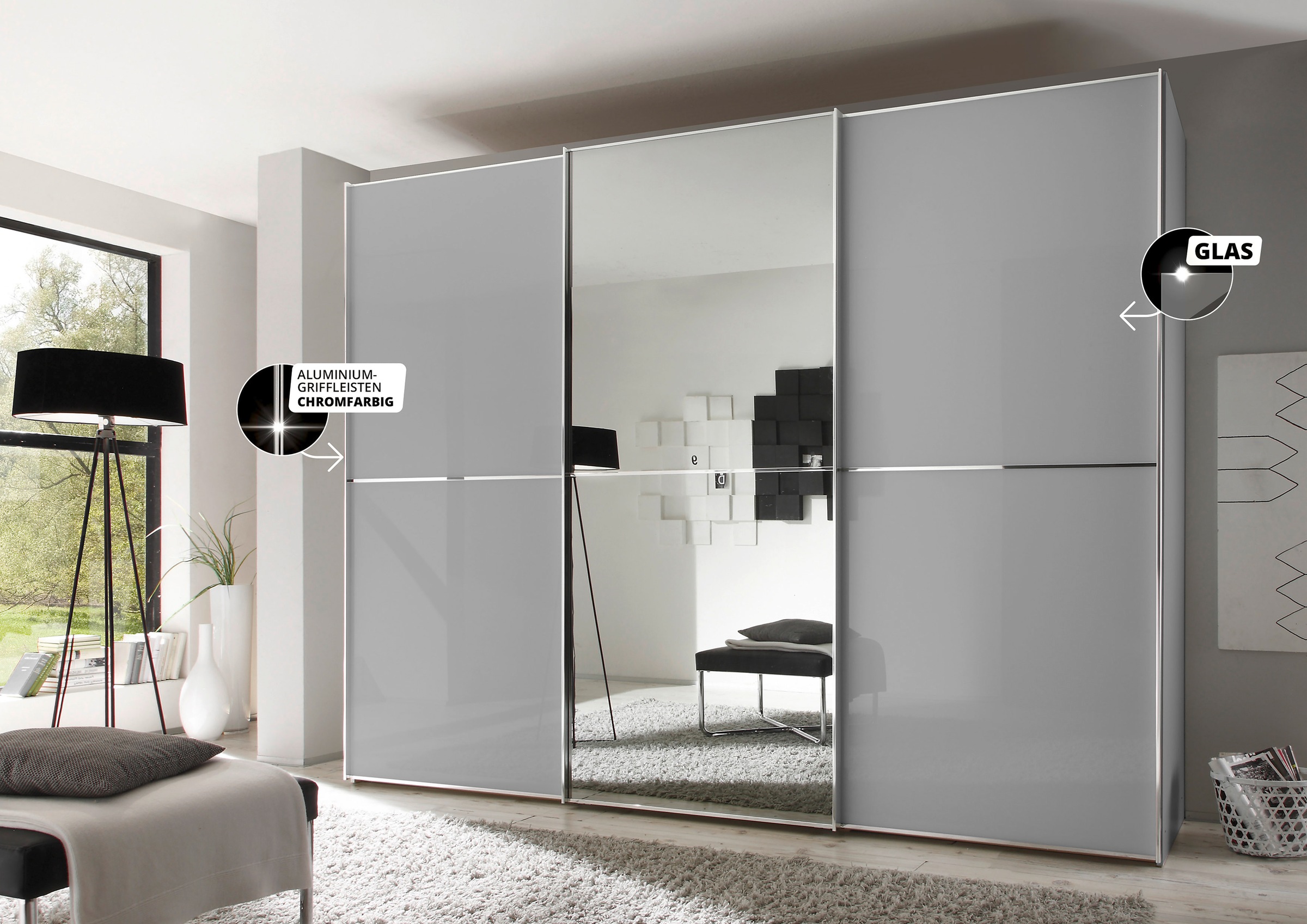 STAUD Schwebetürenschrank »Sinfonie Plus, edles Design in hochwertiger Qualität, Made in Germany«, (in 4 verschiedenen Ausstattungen erhältlich), Mit kombinierter Glas-Spiegel-Front, viele Varianten