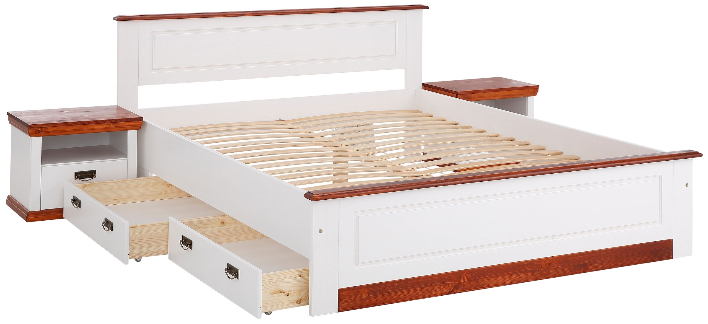 Home affaire Massivholzbett »Madrid, Landhausstil, hohe Belastbarkeit!«, (Breite/Belastbarkeit 180cm/220 KG, 160cm/200 KG, 90cm/=120 KG), aus FSC®-zertifizierter Kiefer, INKLUSIVE Rollrost, Kassettenoptik