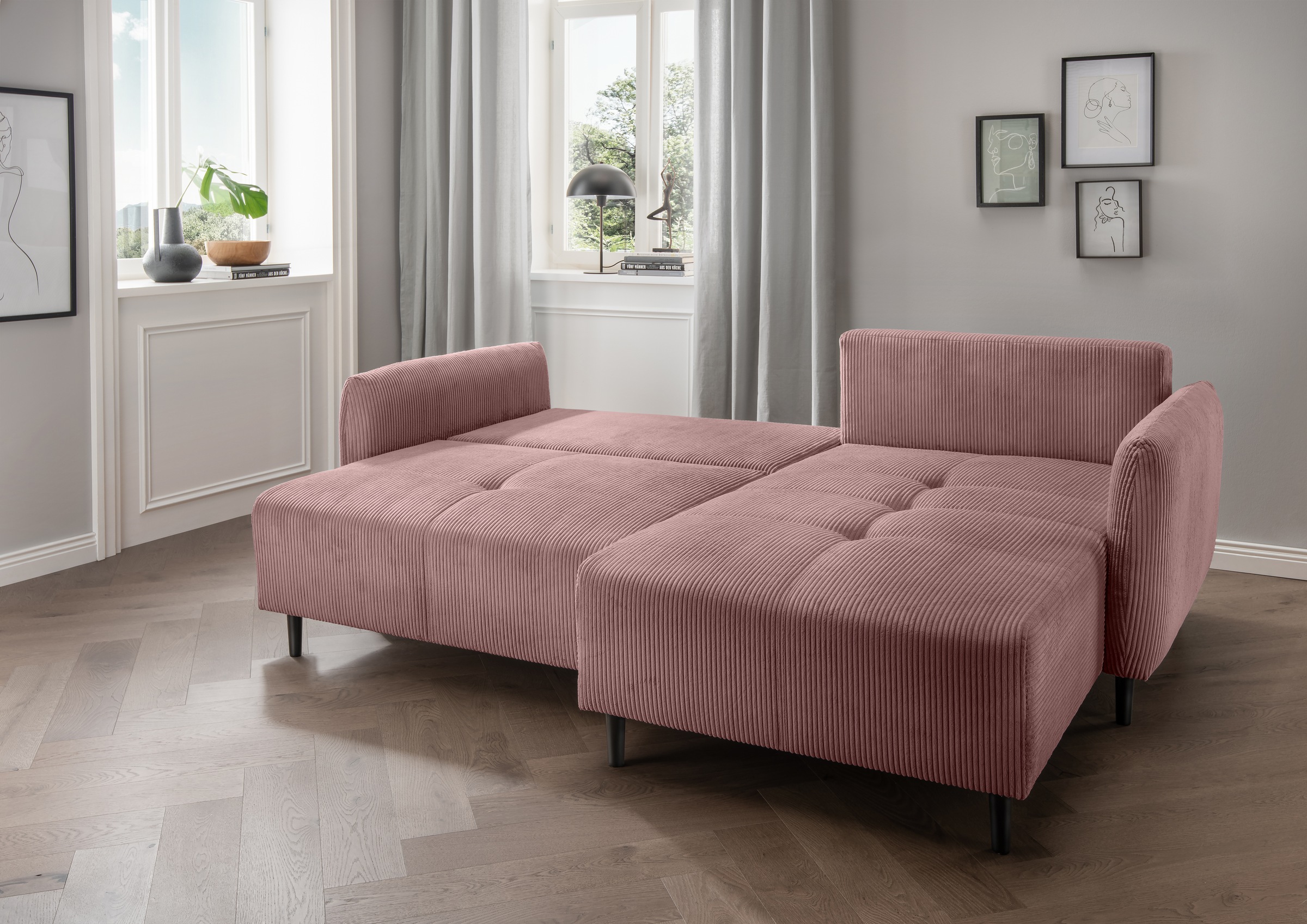 INOSIGN Ecksofa »Mara, L-Form, aktueller Cord Bezug und tolle Farben, schmale Armlehnen«, whlw. mit Bettfunktion,Recamiere links/rechts montierbar, Breite 238cm