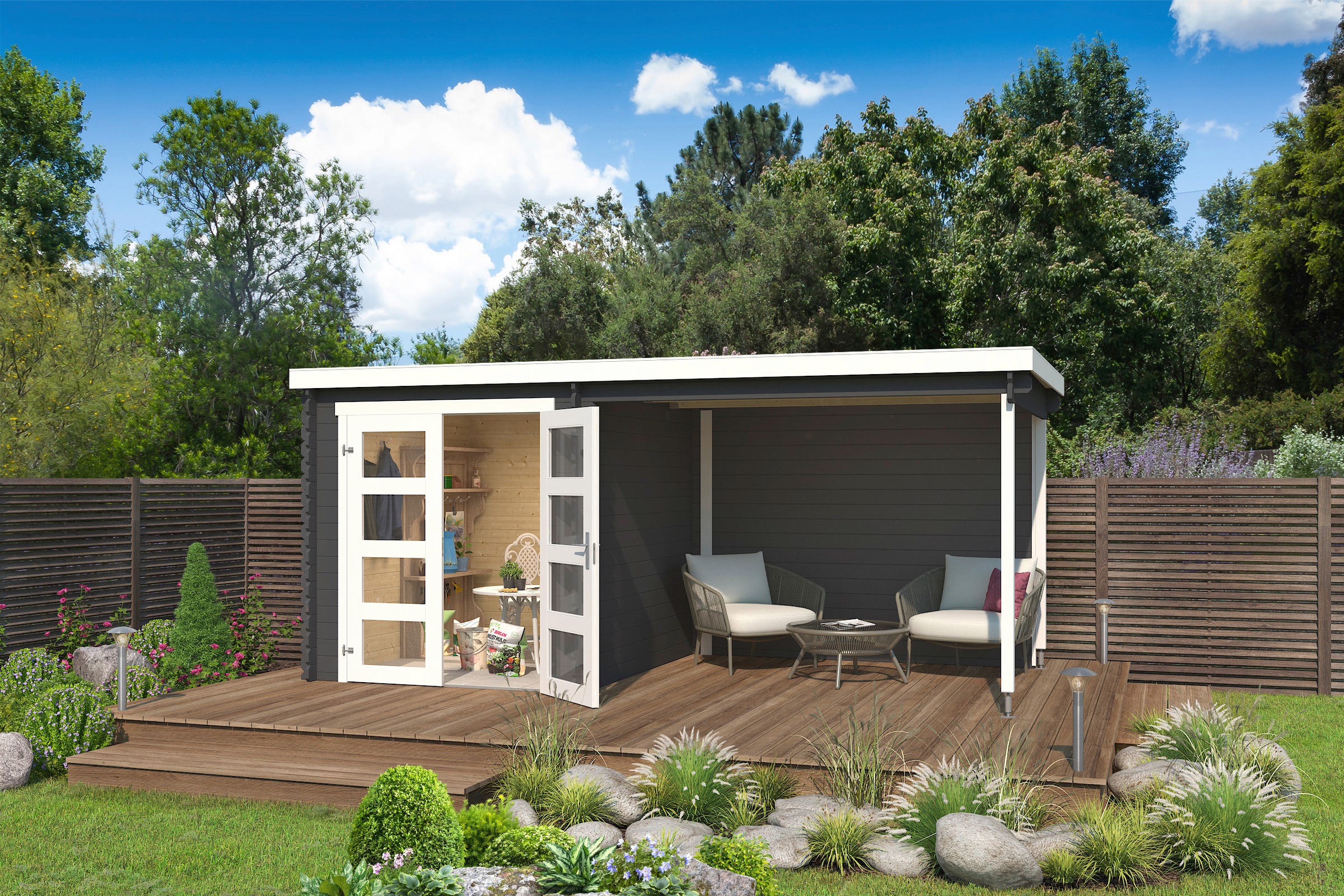 LASITA MAJA Gartenhaus »Long Beach«, (Set), Blochbohlenhaus 28mm Anbau, Fundamentmass 4722x2300, Carbongrau