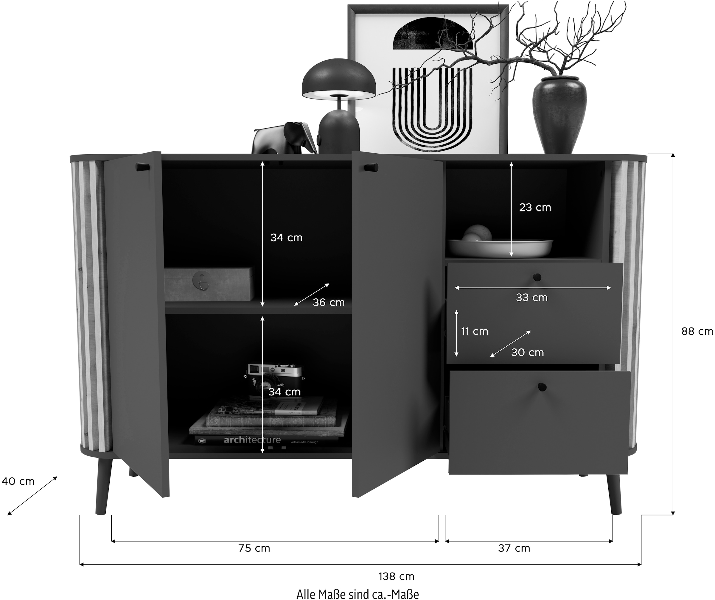 INOSIGN Sideboard »Stavanger, Breite 138cm, Paneel-Stäbchen-Optik, 2 Schubkästen, 2 Türen«, (1 St.), 1 offenes Fach, 1 Einlegeboden, Anrichte, Schrank, Kommode, Wohnmöbel