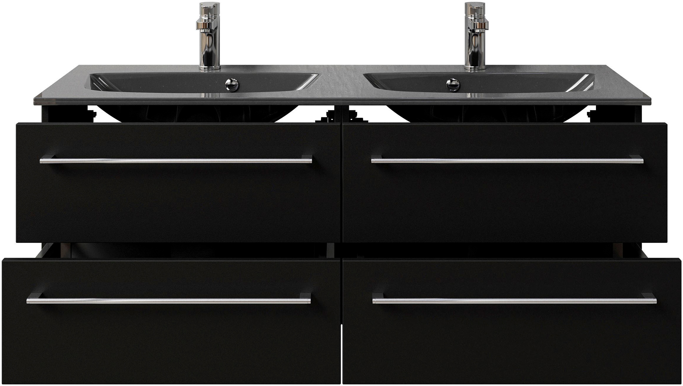 Saphir Badmöbel-Set »Serie 6025 2-teilig Mineralmarmor-Waschtisch mit LED-Spiegelschrank«, (2 St.), Waschplatz 132cm breit, 4 Schubladen, 2 Spiegel-Türen, inkl Türdämpfer