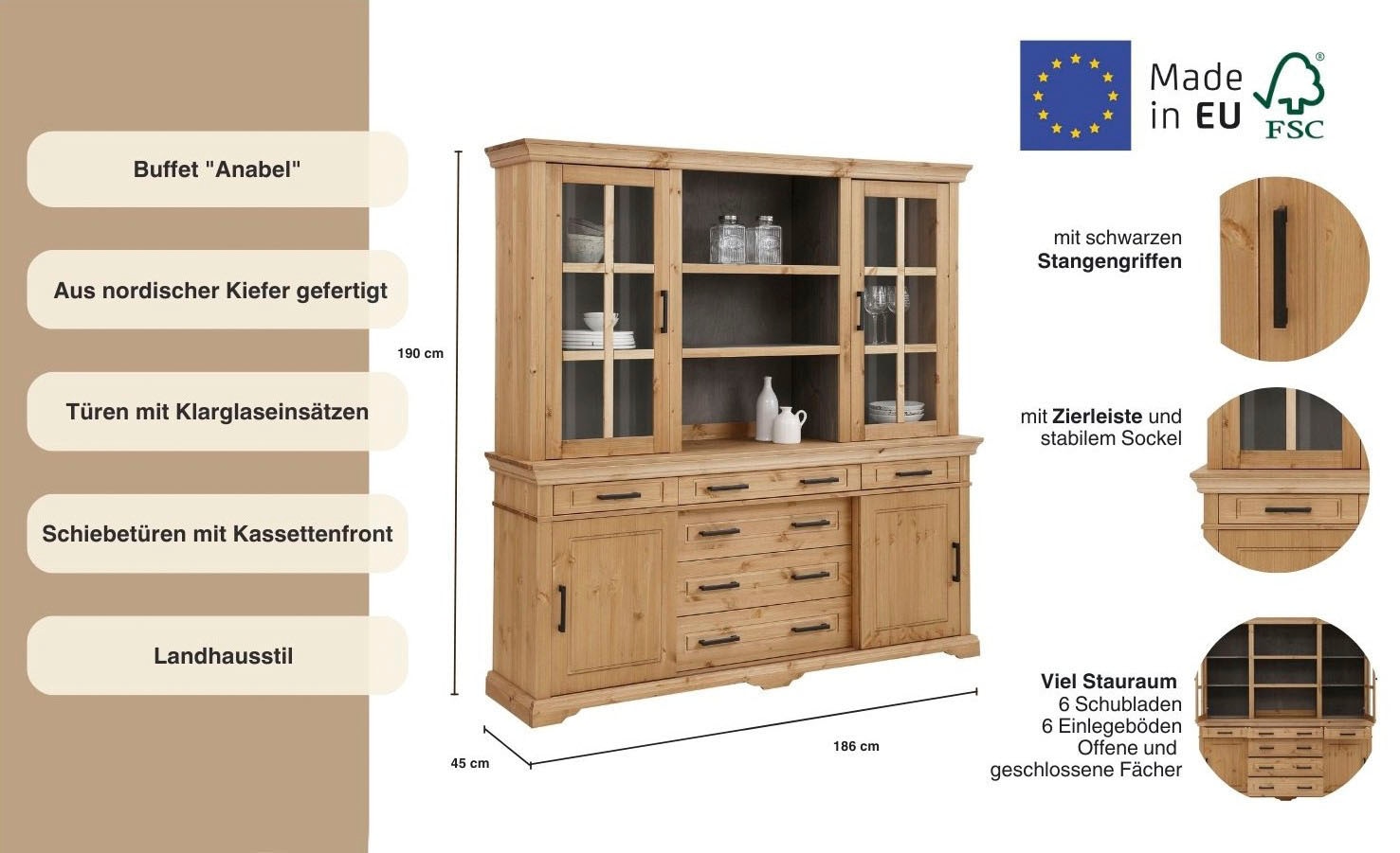 Home affaire Buffet »Anabel, mit Glastüren und Metallgriffen«, Küchenbuffet aus massiver Kiefer, mit Schiebetüren, B/H 186/190 cm