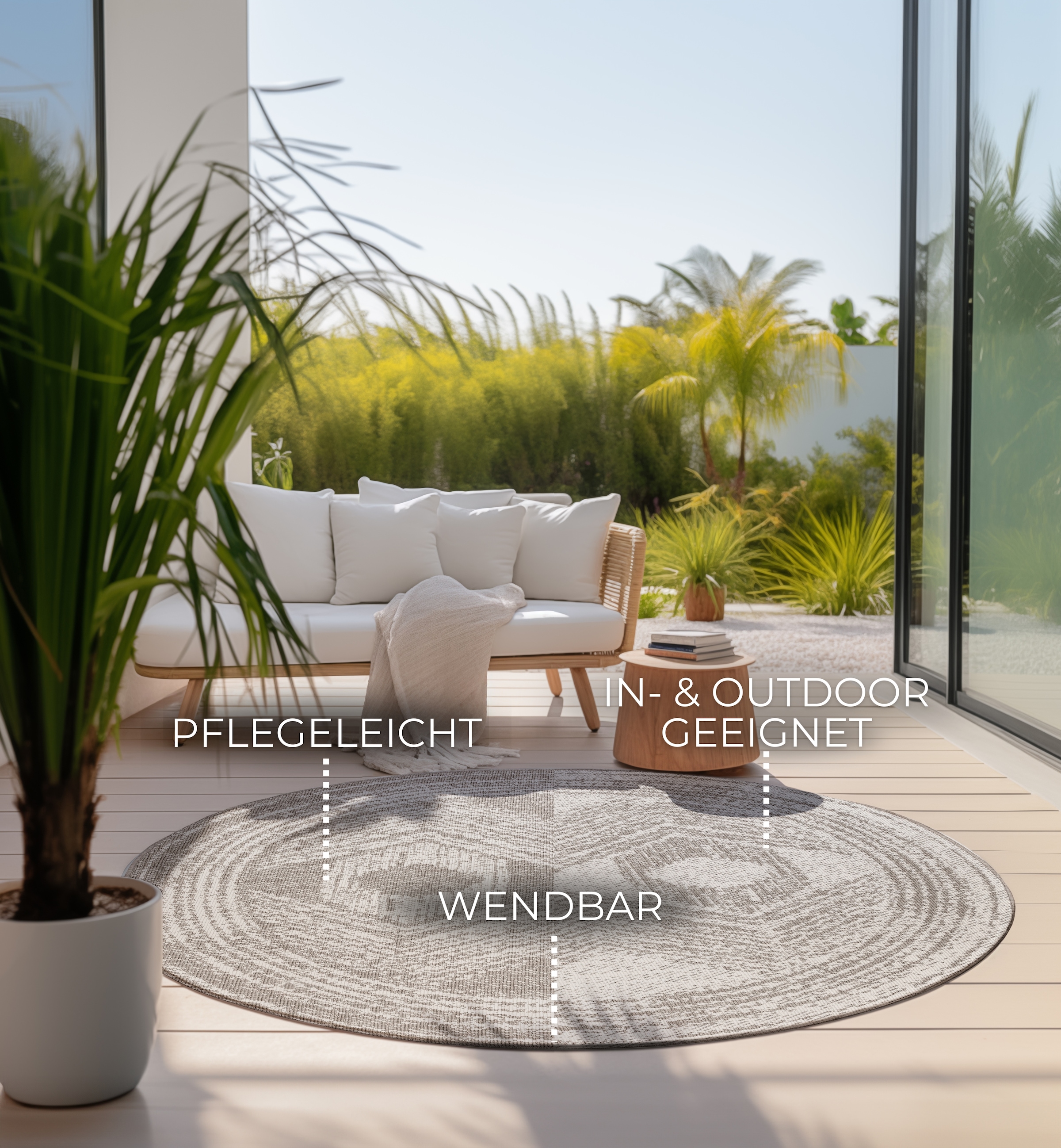 ELLE DECORATION Teppich »Merge Wendeteppich«, rund, 5 mm Höhe, Flachgewebe, In-& Outdoor, Modern, beidseitig, Balkon, Wohnzimmer