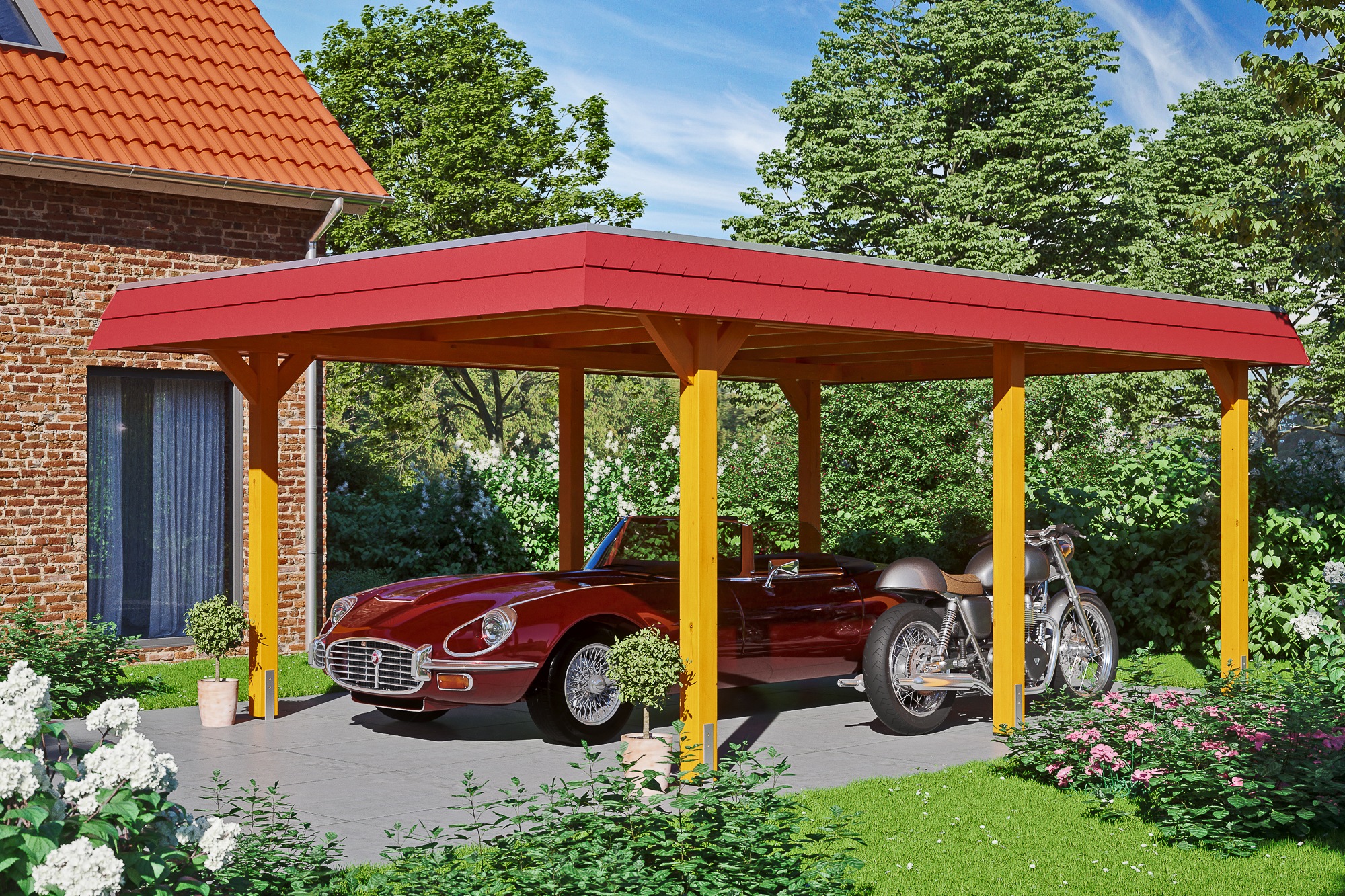 Skanholz Einzelcarport »Wendland« Leimholz 341 cm Eiche hell mit EPDM-Dach, rote Blende