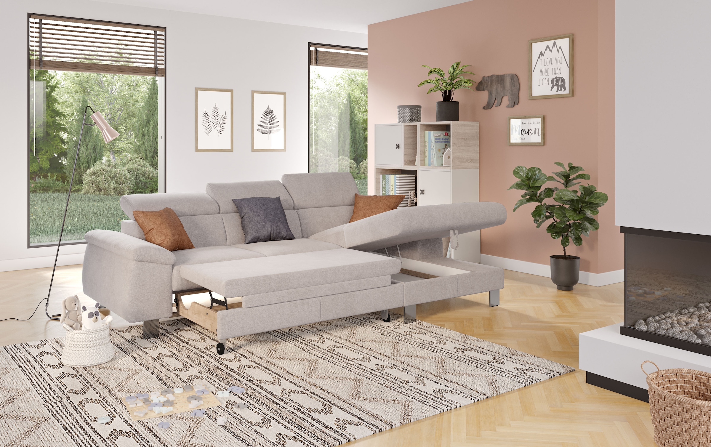 COTTA Ecksofa Komaris, Ecksofa, wahlweise mit RGB-LED-Beleuchtung und Bettfunktion/Bettkasten