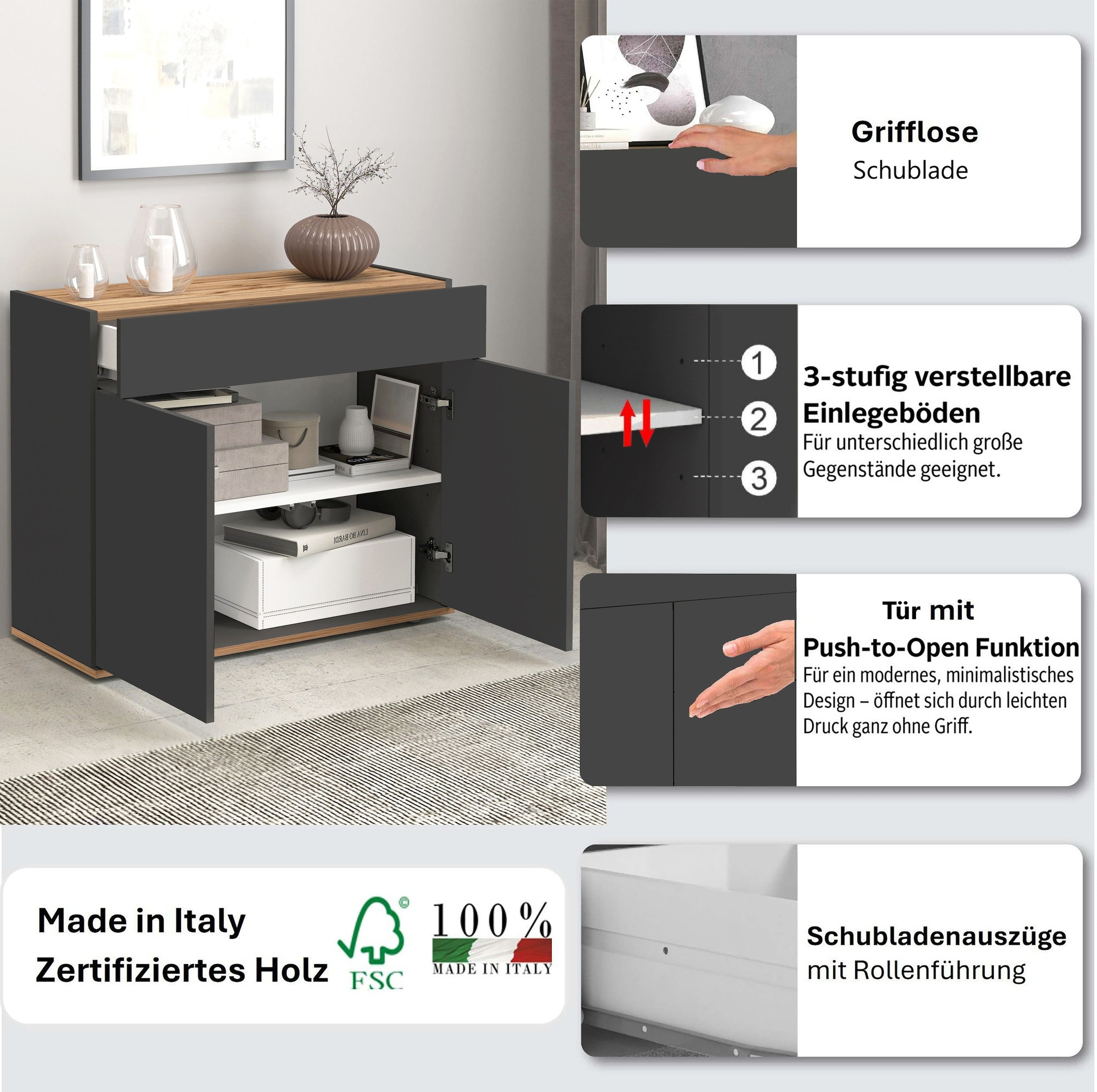 INOSIGN Sideboard »Garda, Kommode, Schrank, Kredenz«, 2 Türen, 1 Schublade,grifflos Breite 80,9 cm