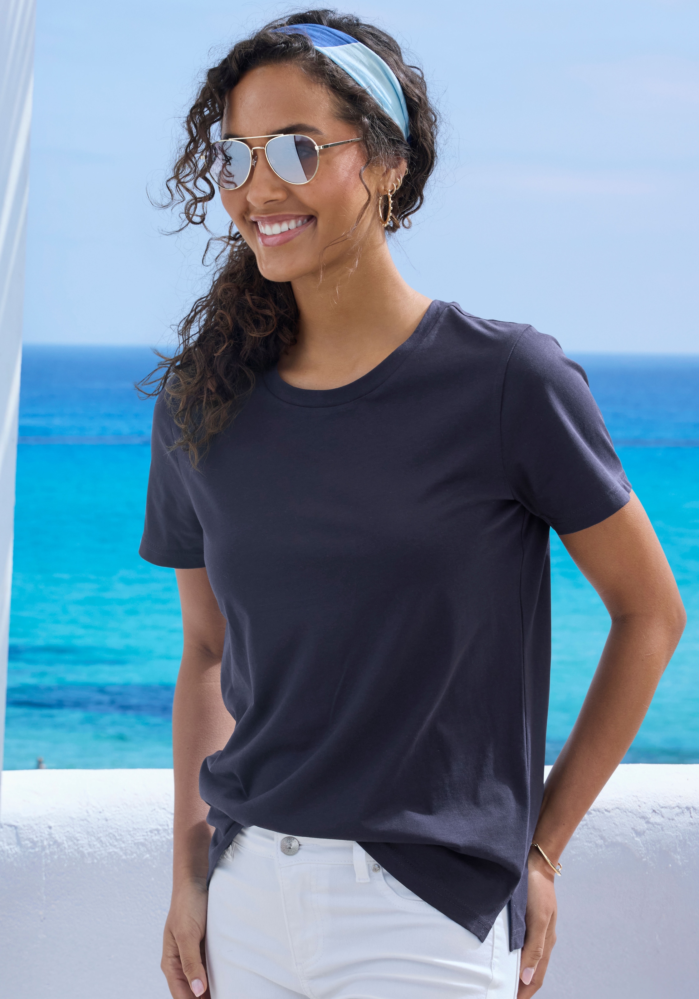 Beachtime T-Shirt »mit modischem Schlitz am Saum«, (3er-Pack), aus hochwertiger Baumwoll-Qualität