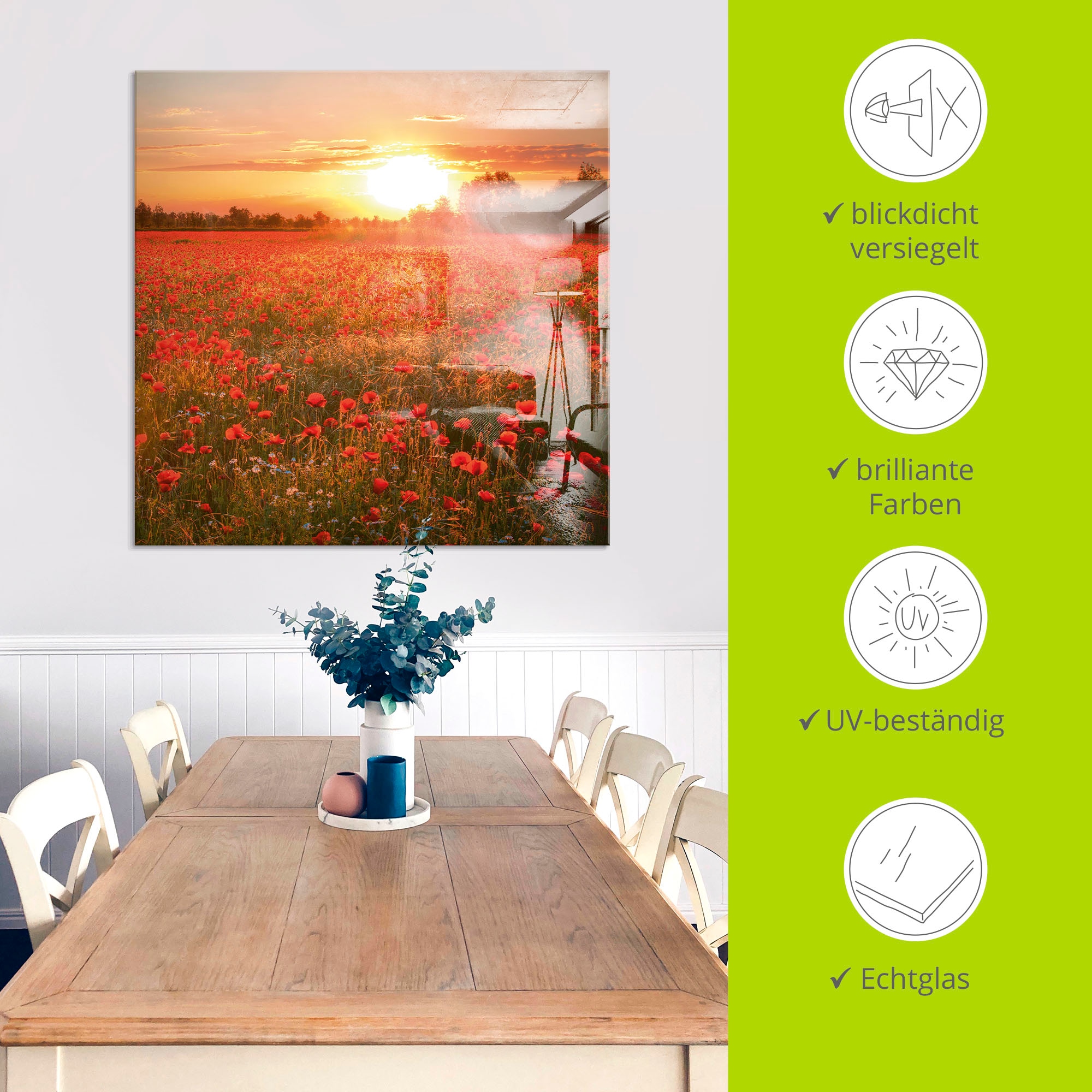 Artland Glasbild »Mohnblumenfeld bei Sonnenuntergang« 1 Stk. tlg. in verschiedenen Größen