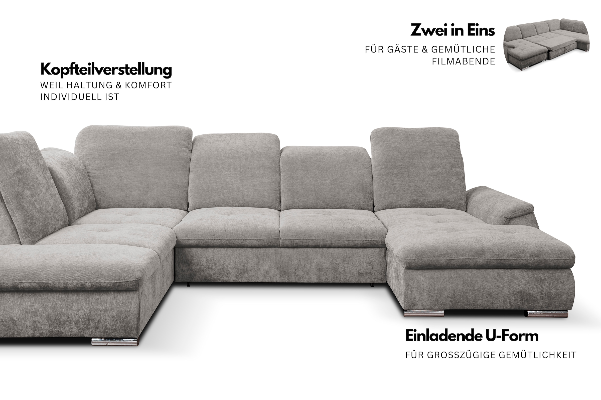 WERK2 Wohnlandschaft »Pula mit Bett & Bettkasten, Kopfteil- & Sitztiefenverstellung, bequem« U-Form, XXL, Schlaffunktion, Bettkasten, verstellbare Kopfteile