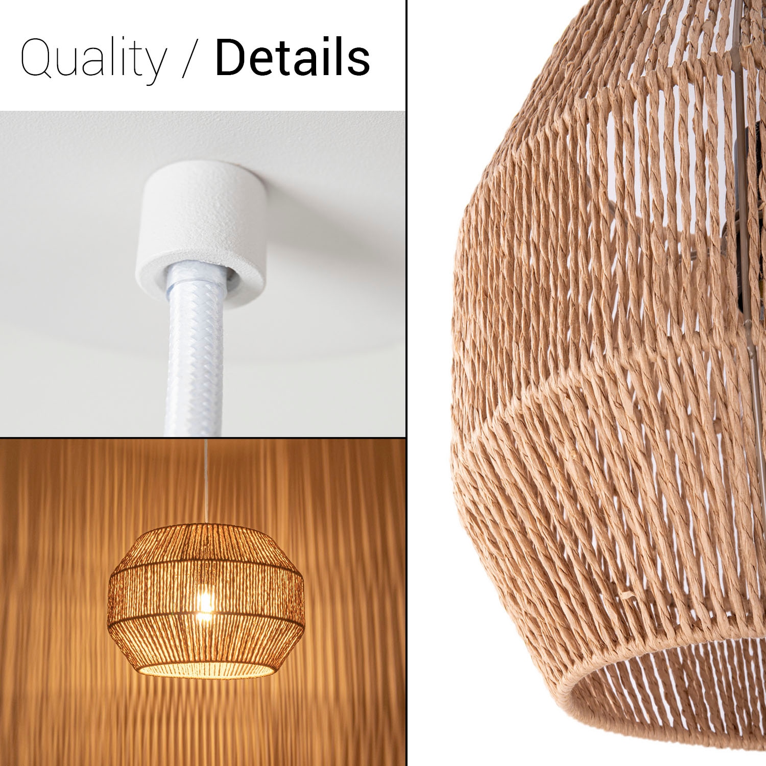 Paco Home Pendelleuchte »Hugo Yago«, Leuchtmittel E27 | ohne Leuchtmittel, Wohnzimmer Esszimmer Rattan Optik Boho Lampenschirm Papier Modern