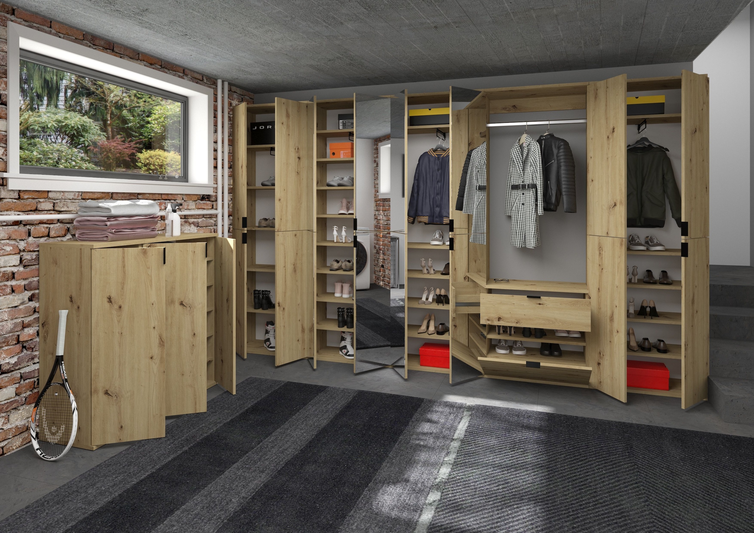 INOSIGN Garderoben-Set »Trondheim, Breite 183 cm, 5-teilig, bestehend aus:«, (Set, 4 St.), 2x Garderobenschrank, 1 Kommode, 1 Garderobenstange, 1 Ablageboden