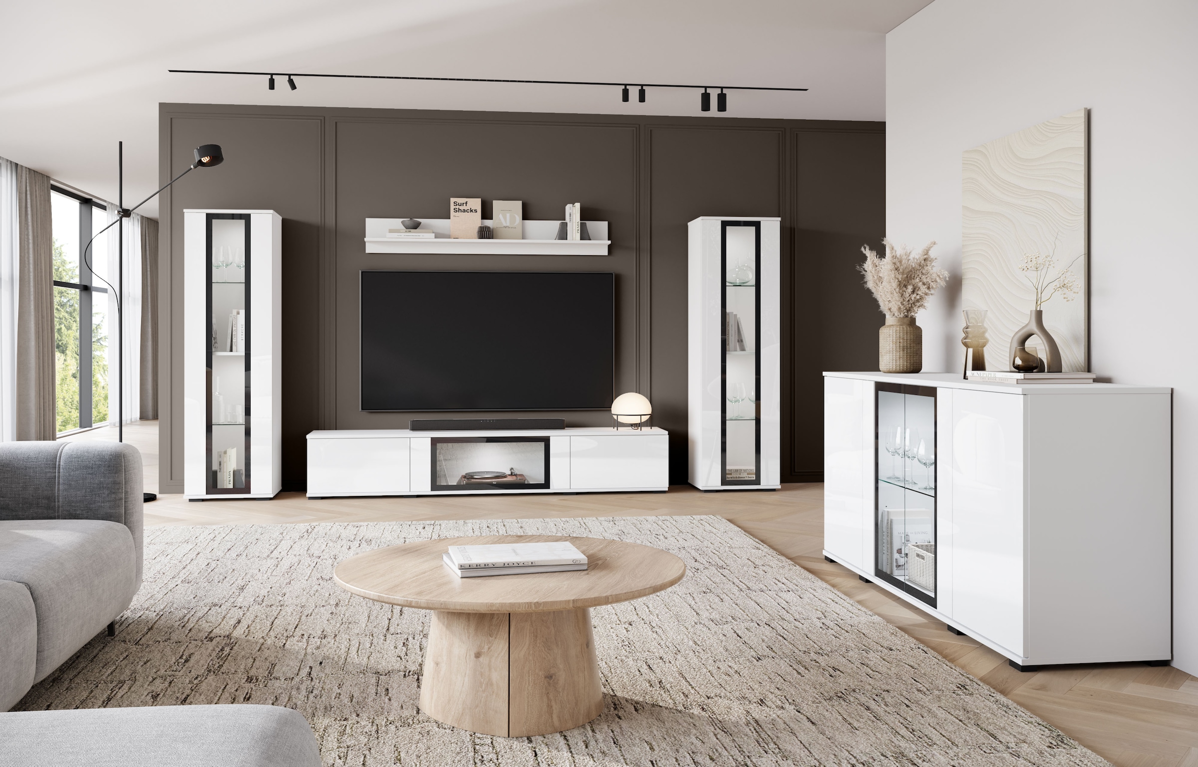 INOSIGN Wohnwand »Caro, stehend und hängend montierbar«, (Komplett-Set, 4 St., Vitrine Türanschlag links/rechts wechselbar), grifflose Design, höhenverstellbare Einlegeböden