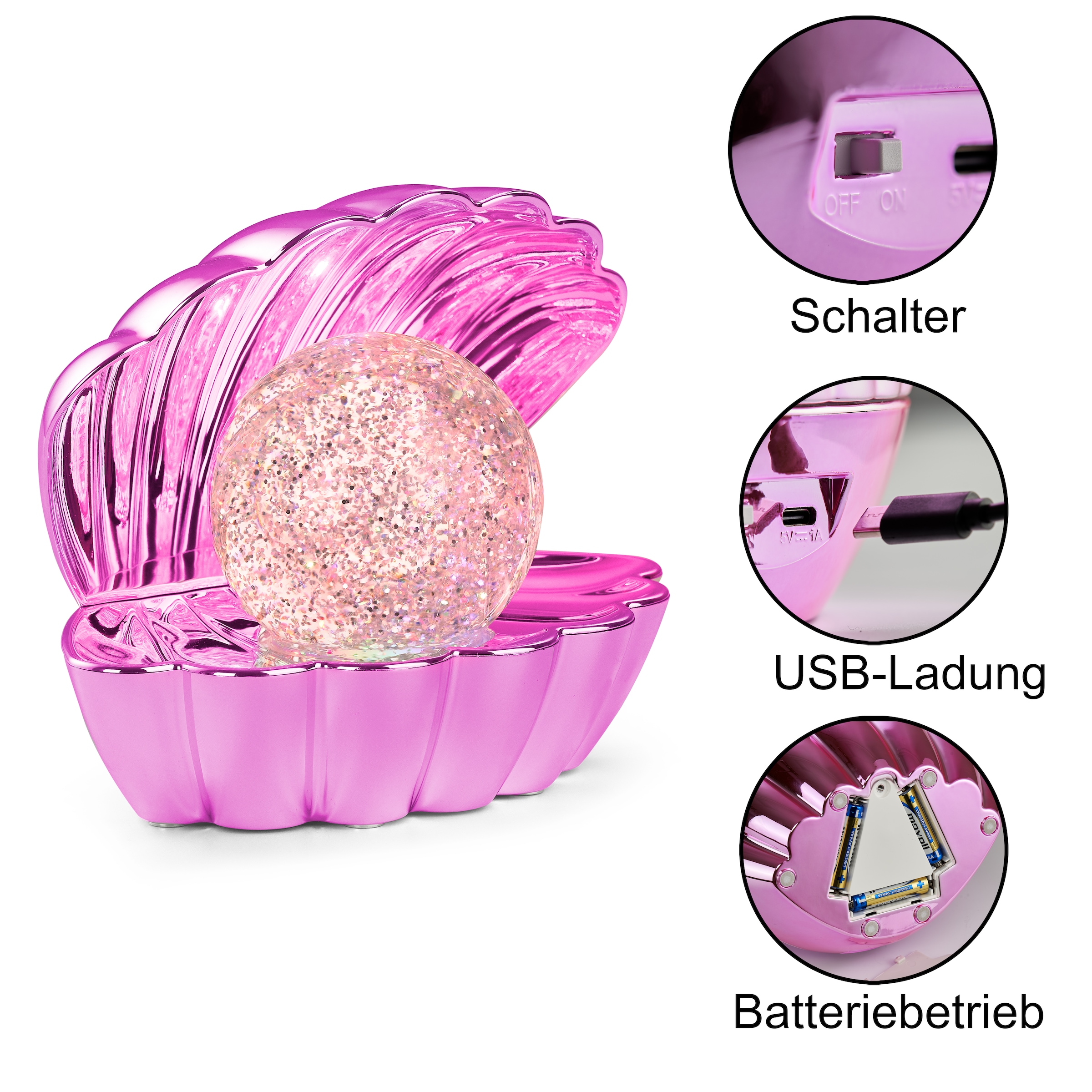REALITY Leuchten LED Tischleuchte »SHELLY, Deko Tischlampe in Muschelform mit RGB Farbwechsel, 0,8W 15Lm« LED-Board 1 Stk. RGB Muschel Tischlampe mit Glitzerkugel und Farbwechsel inkl USB-Ladekabel