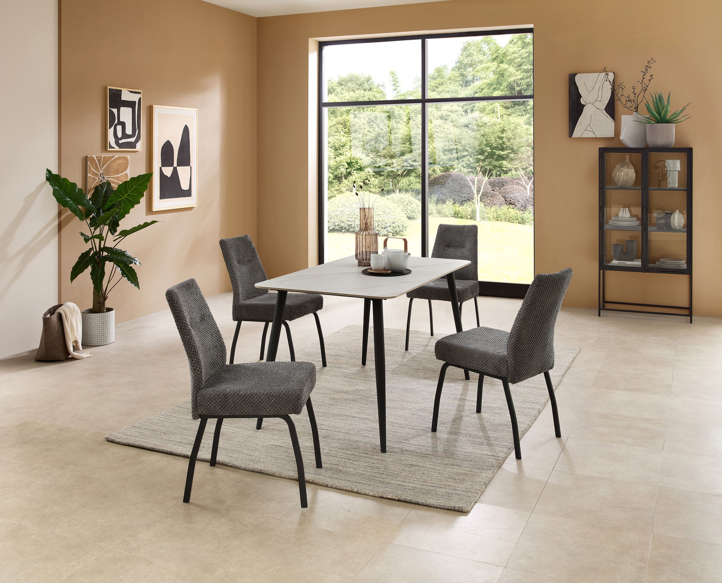 Stolkom Esstisch »Cody Esszimmertisch Keramik, Weiß marmoriert, BxHxT 140x76x80 cm«, Keramikoberfläche weiß marmoriert, 4-Fuß Gestell Schwarz matt