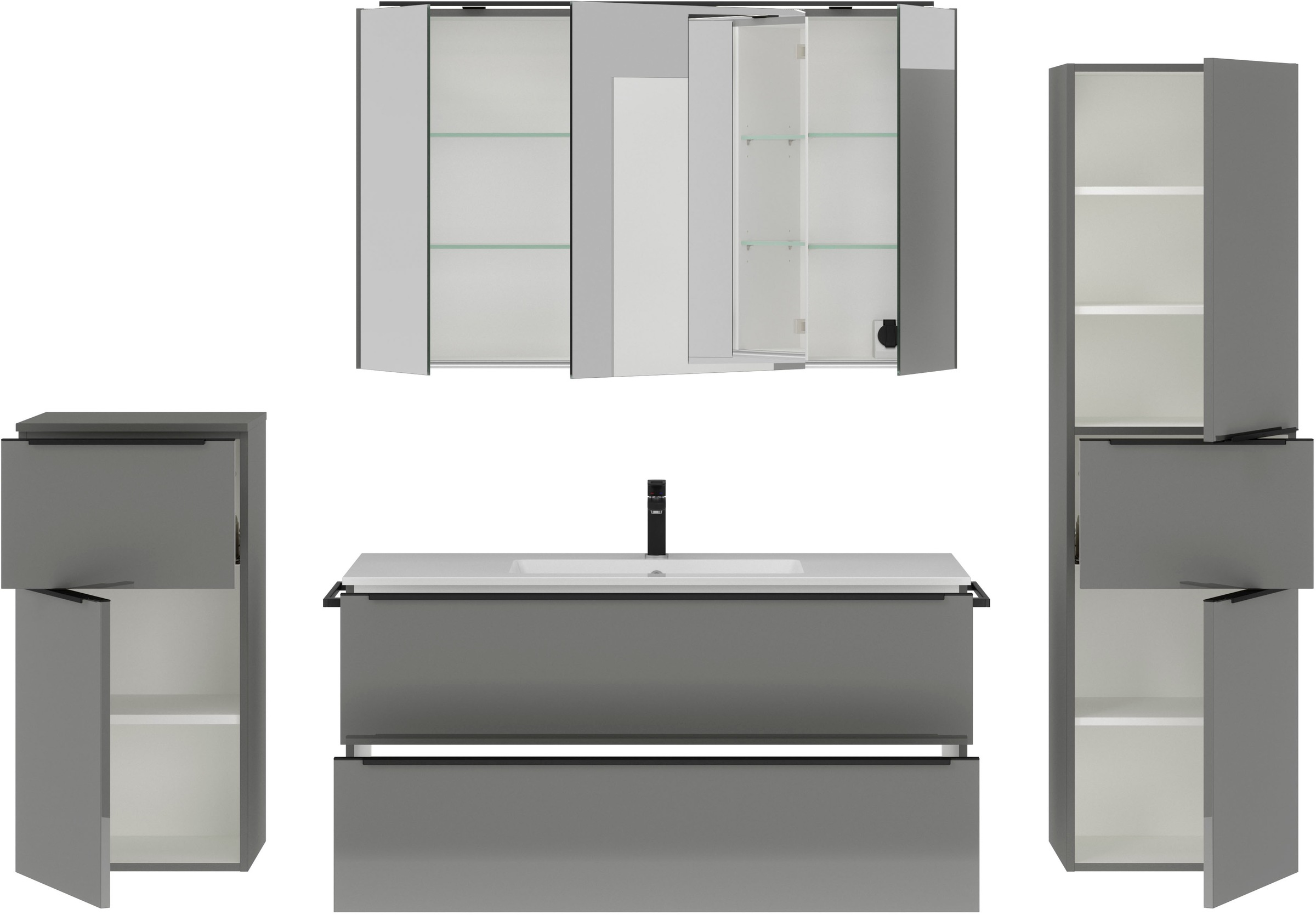 nobilia® Badmöbel-Set »Levere«, (4 St., vormontiert, mit Soft-Close), inkl. Spiegelschrank mit Beleuchtung und Dimmerfunktion, in 4 Breiten