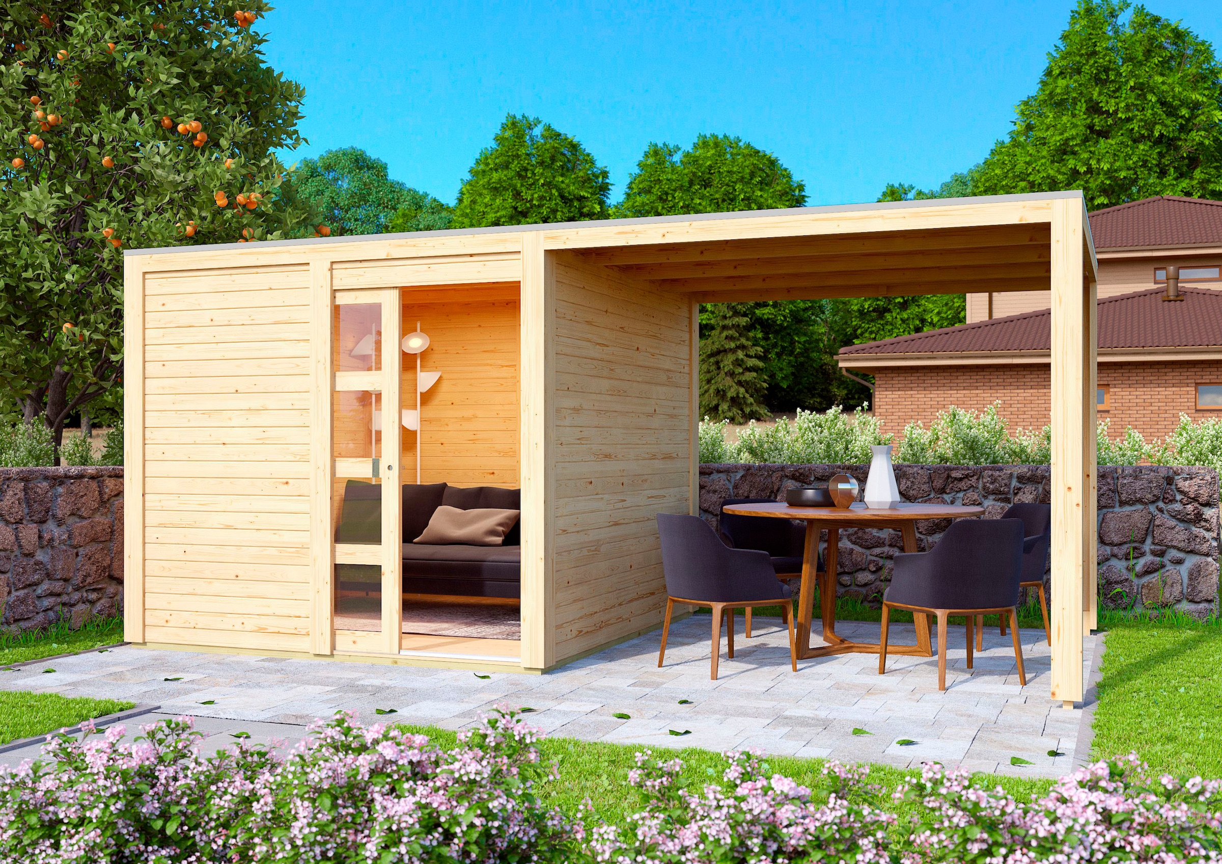 Karibu Gartenhaus »Quellsee 1«, (Set), mit Anbaudach, naturbelassen oder terragrau