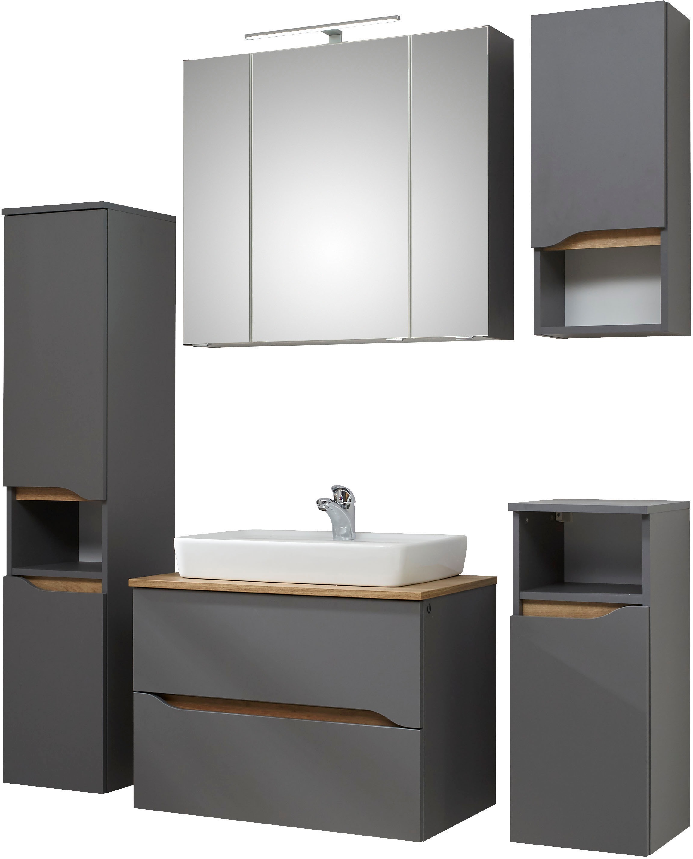 Saphir Badmöbel-Set »Quickset 5-teilig, Keramik-Aufsatzbecken und LED-Spiegelschrank«, (7 St.), Midischrank, Unterschrank, Hängeschrank, inkl. Türdämpfer, 7 Türen
