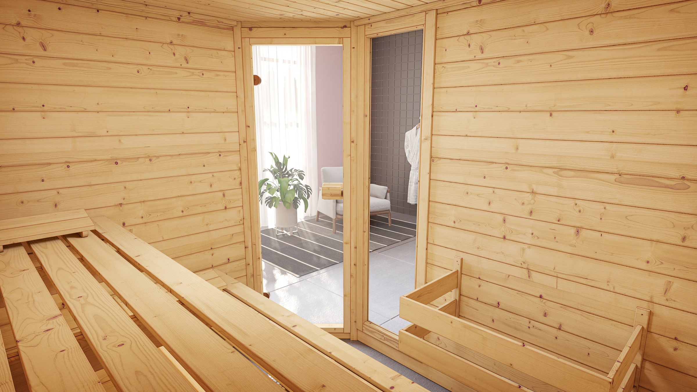 weka Sauna »Massivholzsauna VALIDA Eck 3« Blockbohlen, Fensterlement, moderne Ganzglastür