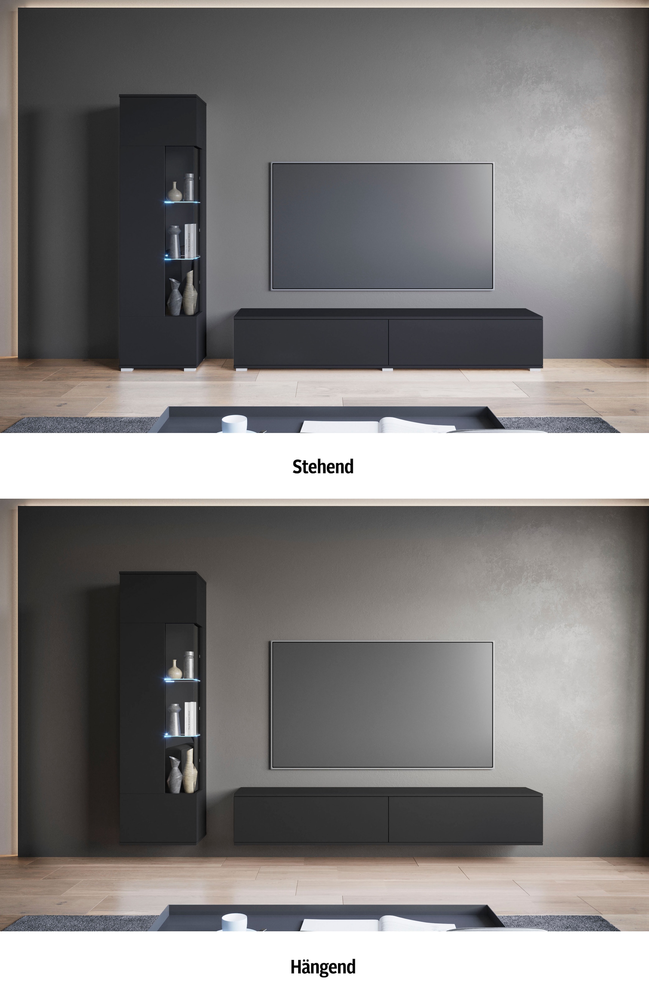 INOSIGN Wohnwand »Kenia, Vitrine Türanschlag links/rechts wechselbar«, (Komplett-Set, 2 St.), Vitrine mit Eckverglasung, hängend und stehend montierbar