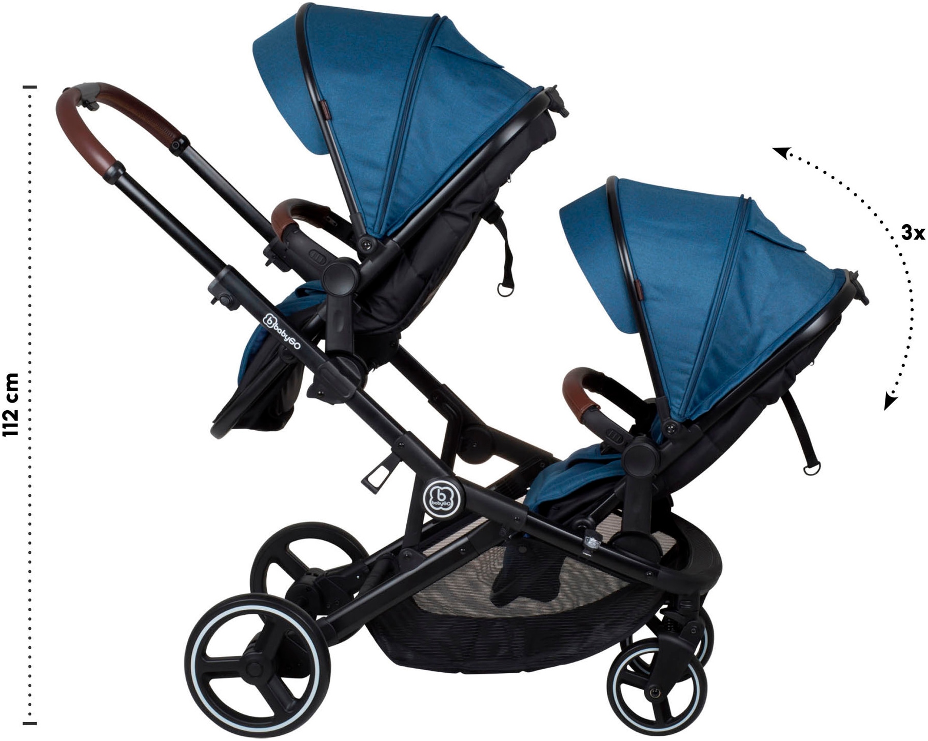 BabyGo Zwillings-Kombikinderwagen »Twinner Set, Blau melange«, 30 kg, inkl. 2 Regenhauben, Wickeltasche