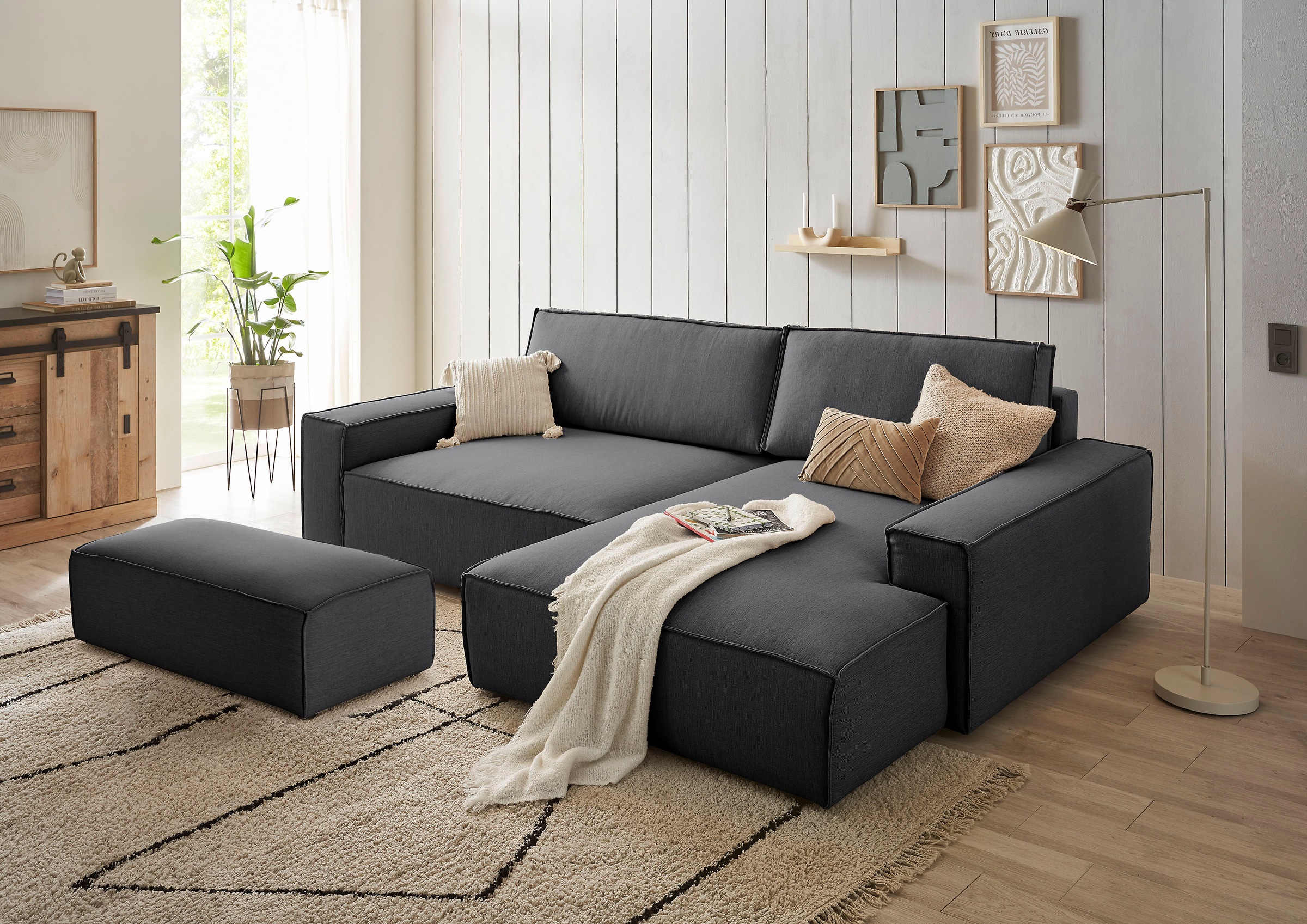 Home affaire Polsterecke »NEU: SHERWOOD XXL tief, L-Form mit Schlaffunktion, Big-Sofa mit Hocker«, (Set, 2 St.), stellbar zum Schlafsofa (Krokodilverbinder), Cord, Leinenoptik