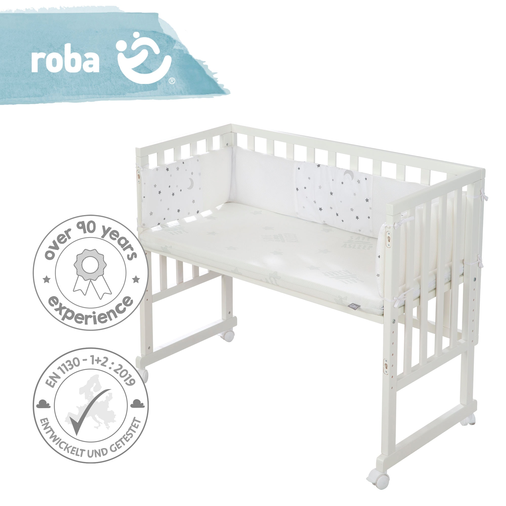 roba® Stubenbett »Safe Asleep® 2in1, weiß, Sternenzauber grau«, mit 4 Rollen, Matratze, Nestchen und Sicherheitsbarriere