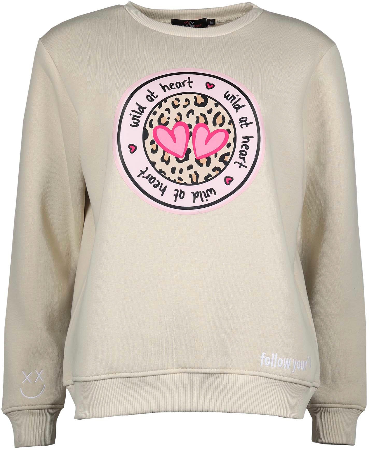 Zwillingsherz Sweatshirt, mit "Wild at Heart"-Aufdruck in Leo-Optik und gestickten Details