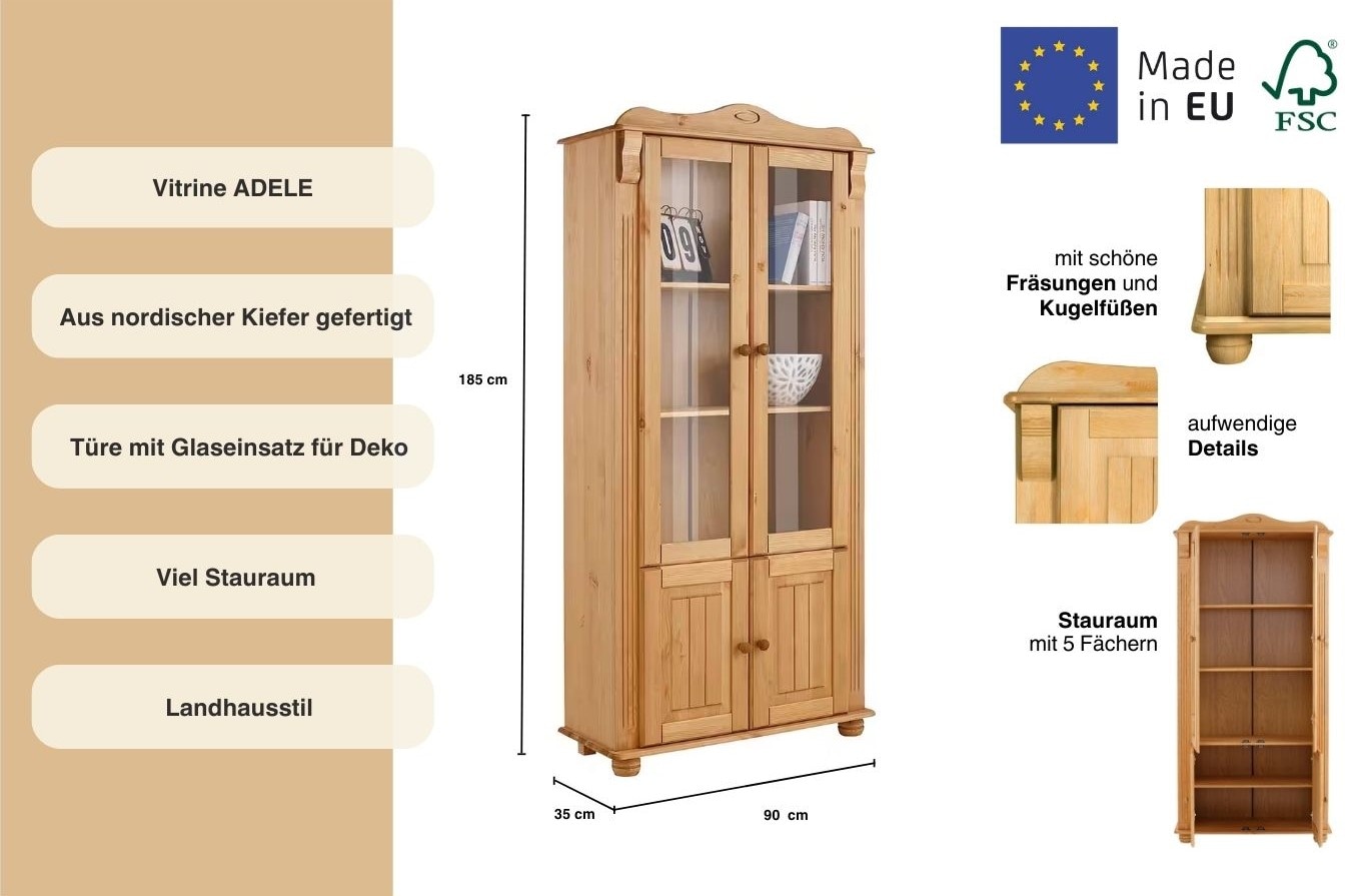 Home affaire Vitrine »Adele«, 4-türig, Höhe 185 cm, mit Glaseinsätzen, aus massiver Kiefer, FSC®