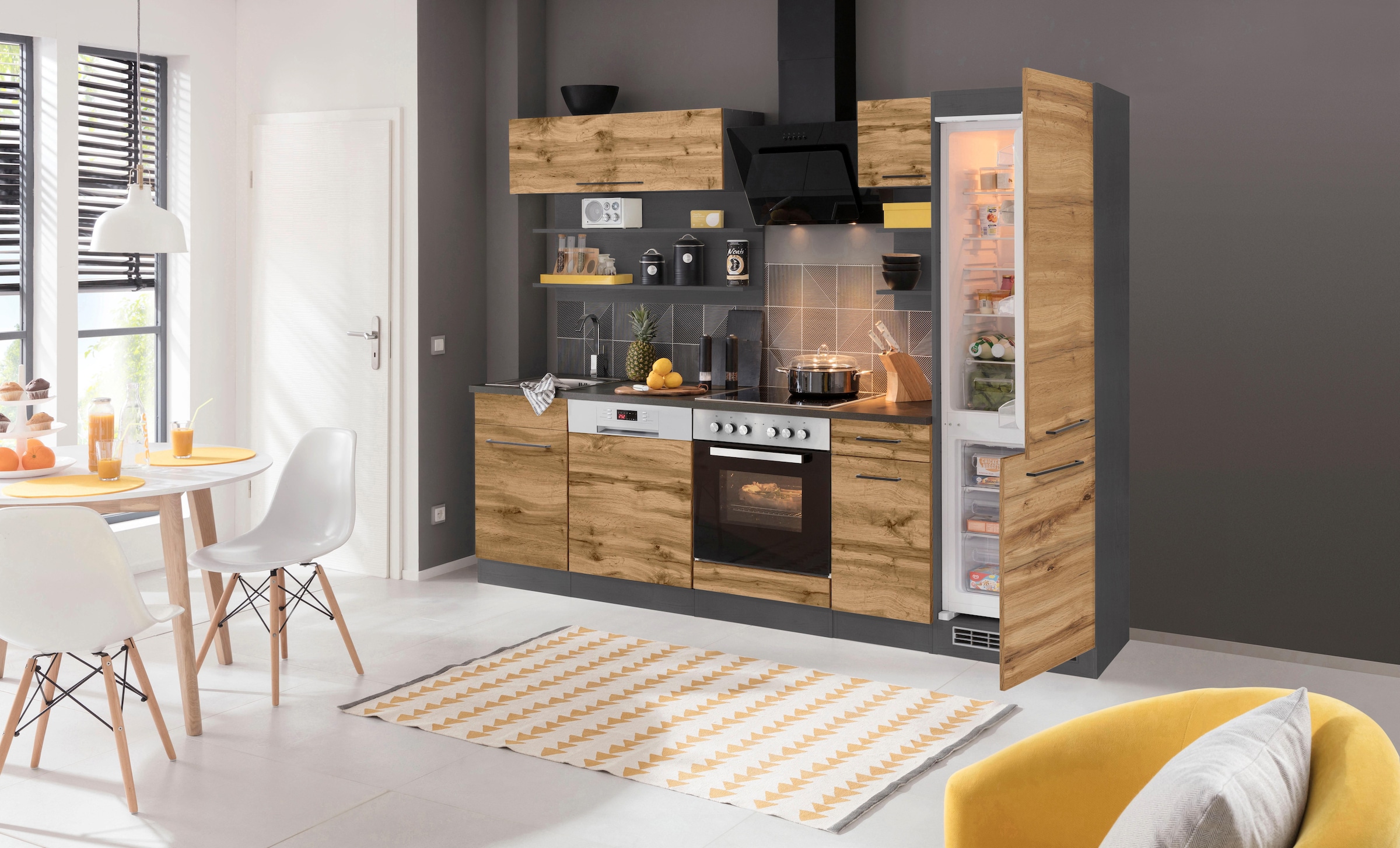 KOCHSTATION Küchenzeile »KS-Tulsa«, ohne E-Geräte, Breite 270 cm, schwarze Metallgriffe, MDF Fronten