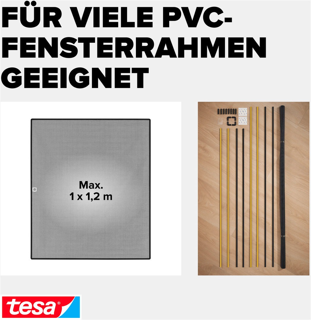 tesa Insektenschutz-Fensterrahmen »Anklips-Rahmen Fliegengitter für Fenster, Anthrazit (Durchsichtig)« Packung, inkl. Fiberglas-Netz in Anthrazit, Rahmen und Halteklip-Lösung, 1 Stk. tlg. INSECT STOP Netz aus Fiberglas, selbstklebende Halte-Klips