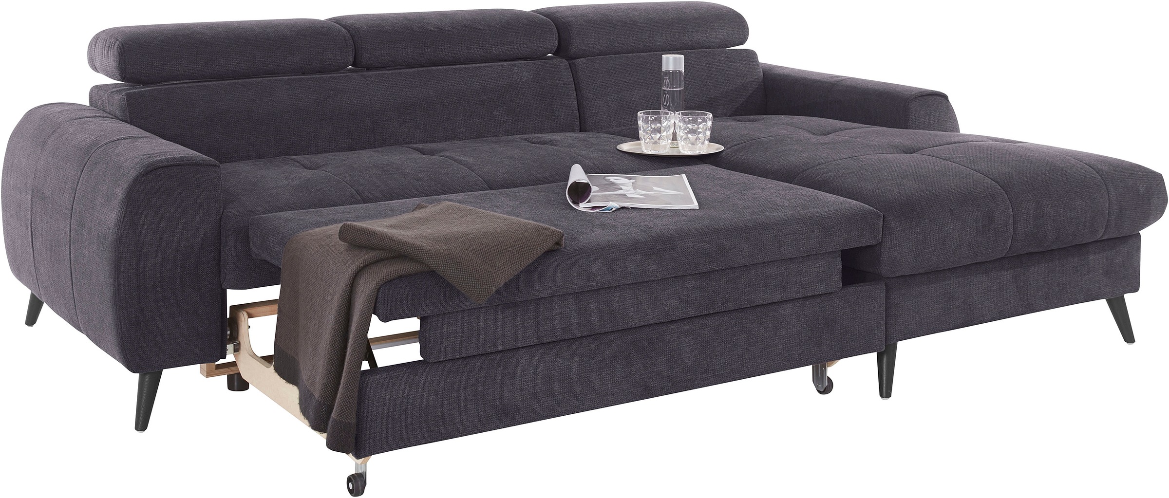 COTTA Ecksofa »Mia L-Form mit 3 Zierkissen«, wahlweise mit Bettfunktion, Bettkasten, Beleuchtung & Wireless-Charger