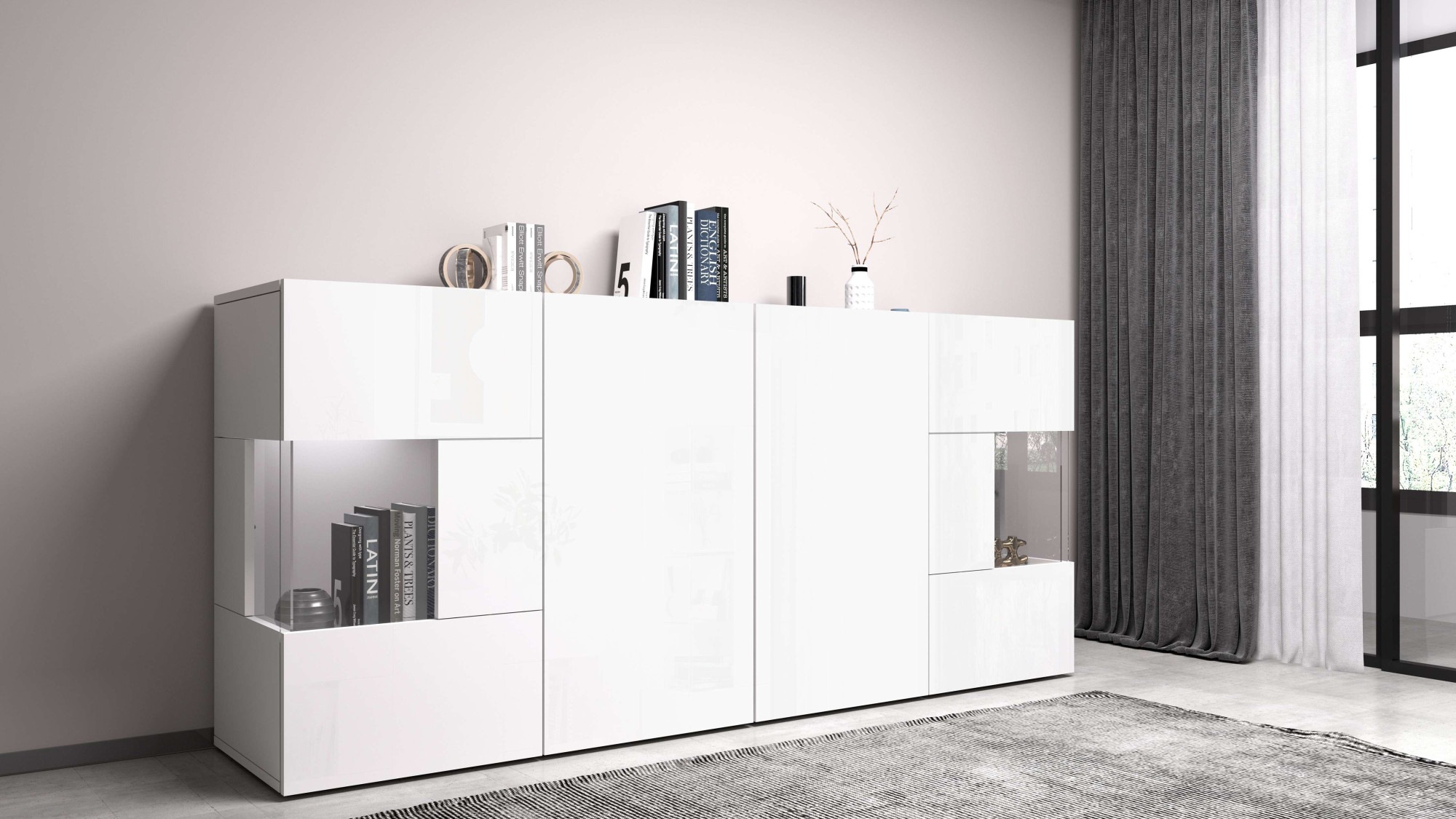 INOSIGN Sideboard »Egypt, Kommode, Schrank, Kredenz, Vitrine grifflos«, 4 Türen davon 2 mit Glaseinsatz, kompl. Hochglanz lackiert, Breite 180